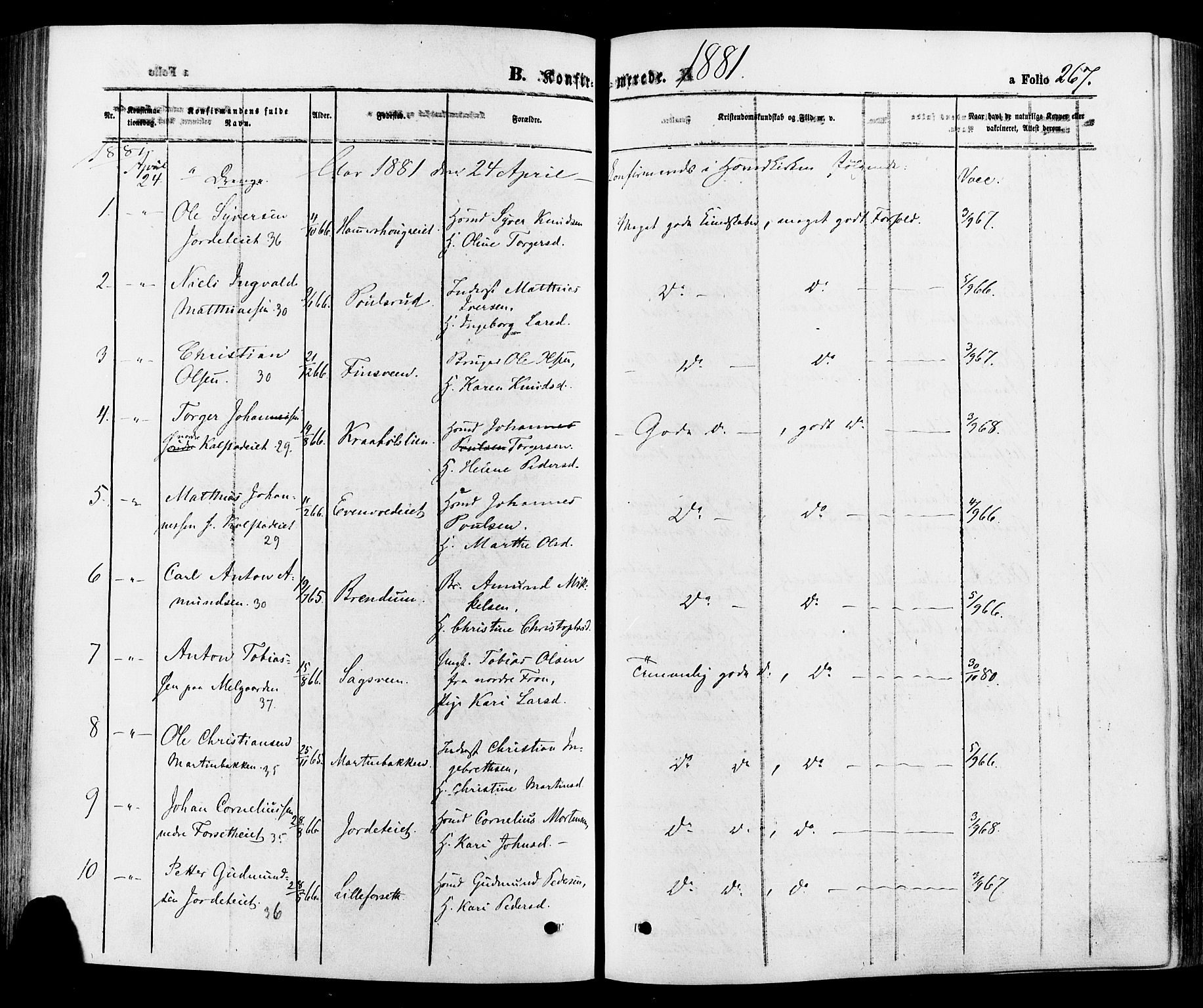Gausdal prestekontor, SAH/PREST-090/H/Ha/Haa/L0010: Parish register (official) no. 10, 1867-1886, p. 267