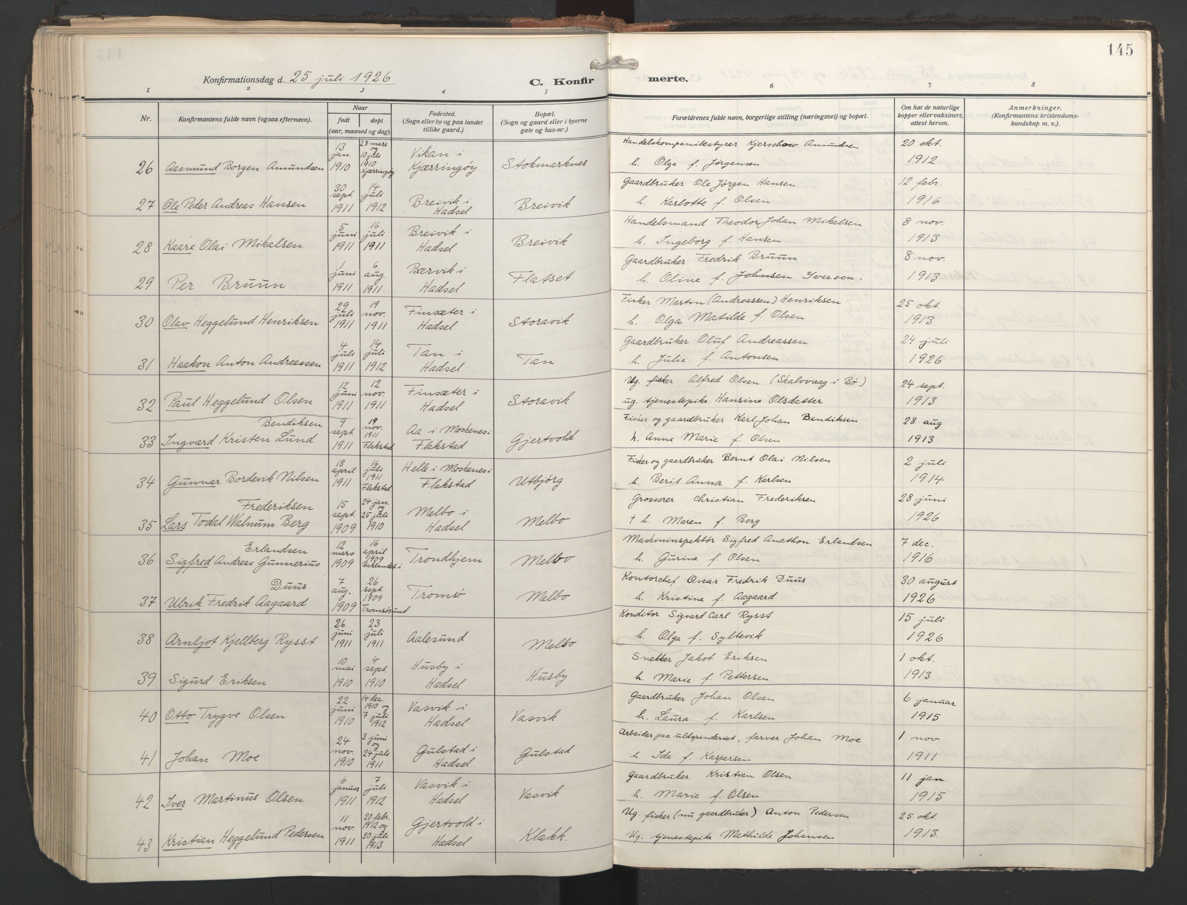 Ministerialprotokoller, klokkerbøker og fødselsregistre - Nordland, SAT/A-1459/888/L1249: Parish register (official) no. 888A15, 1911-1929, p. 145
