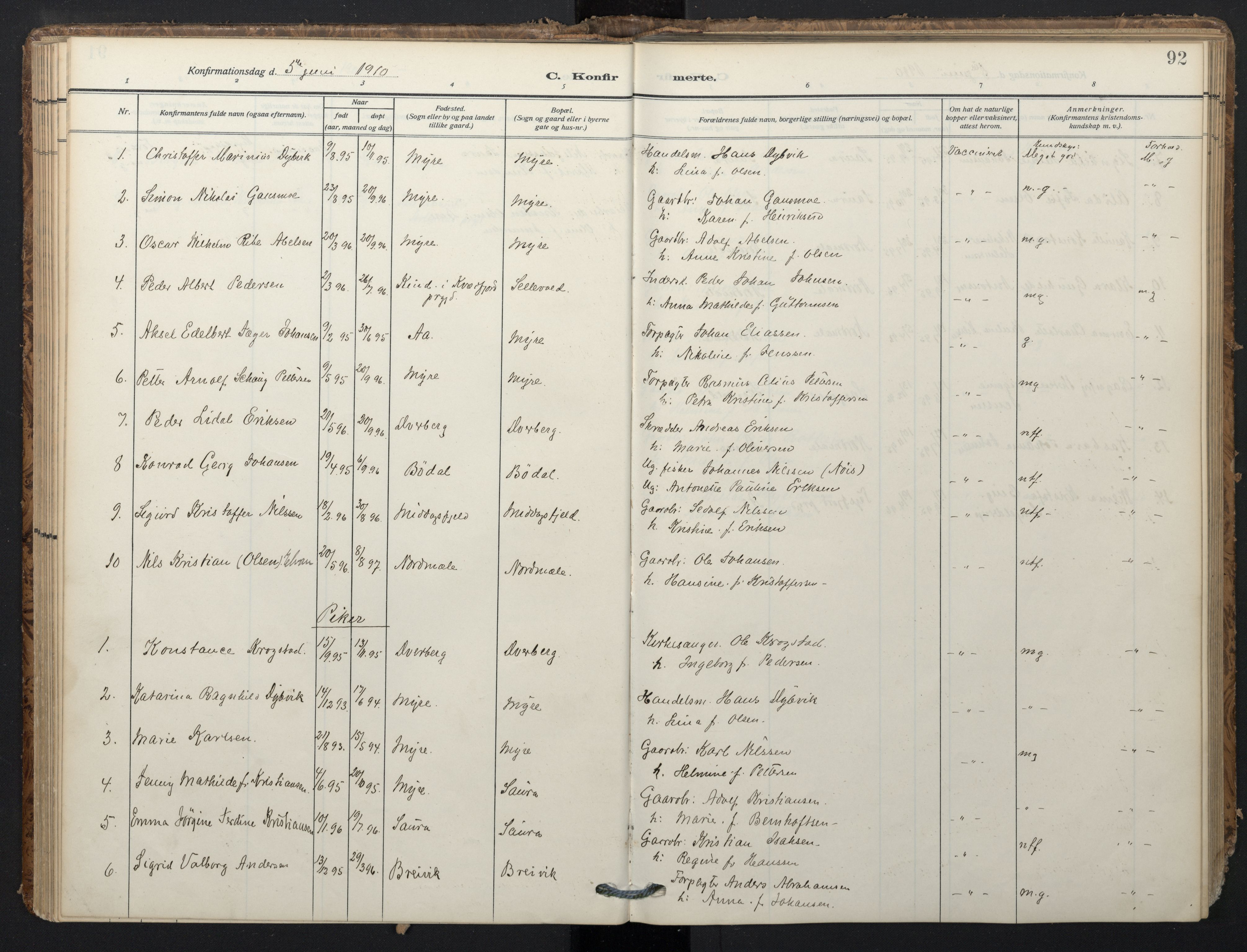 Ministerialprotokoller, klokkerbøker og fødselsregistre - Nordland, SAT/A-1459/897/L1401: Parish register (official) no. 897A08, 1909-1921, p. 92