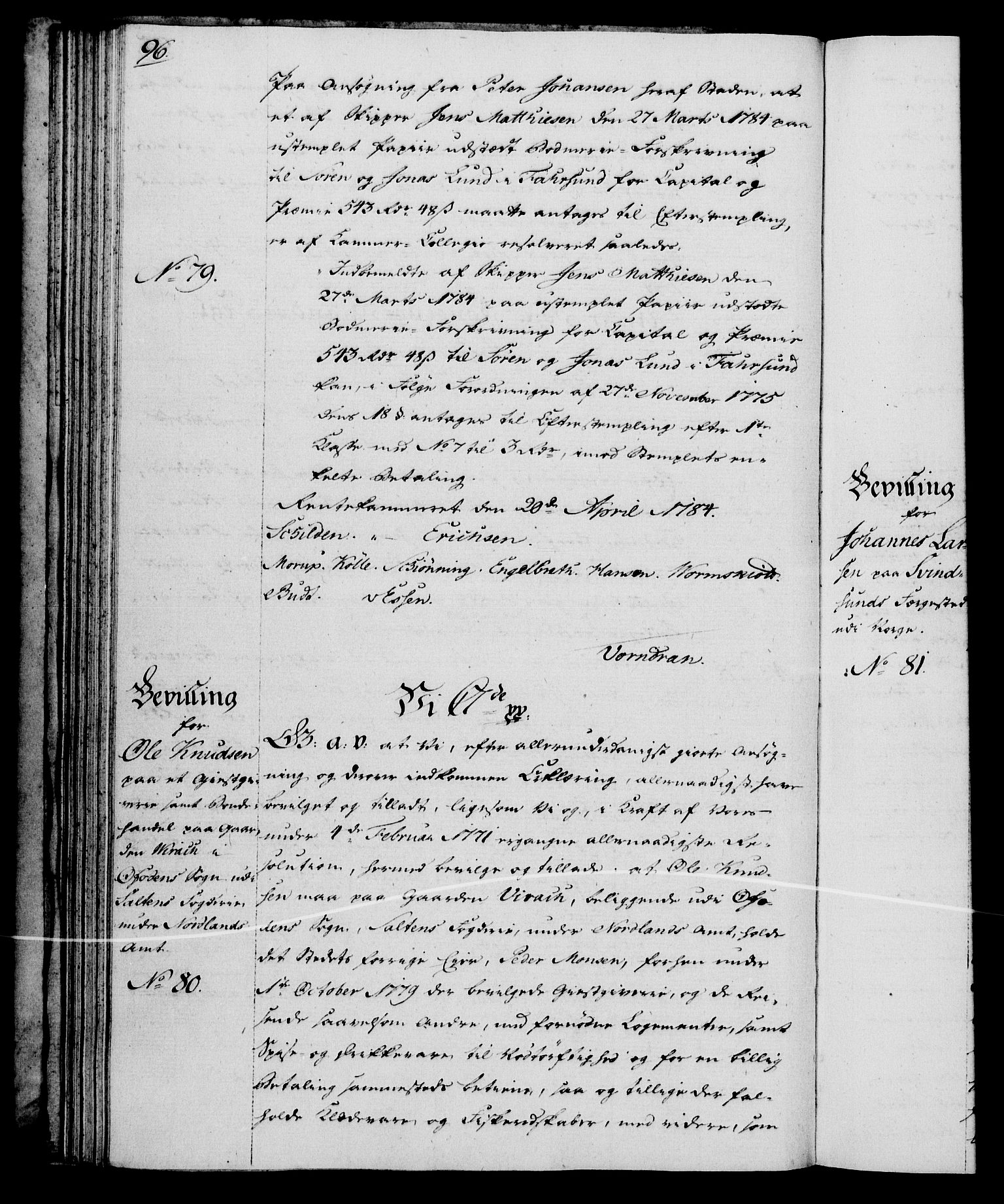 Rentekammeret, Kammerkanselliet, RA/EA-3111/G/Gg/Gga/L0013: Norsk ekspedisjonsprotokoll med register (merket RK 53.13), 1784-1787, p. 96