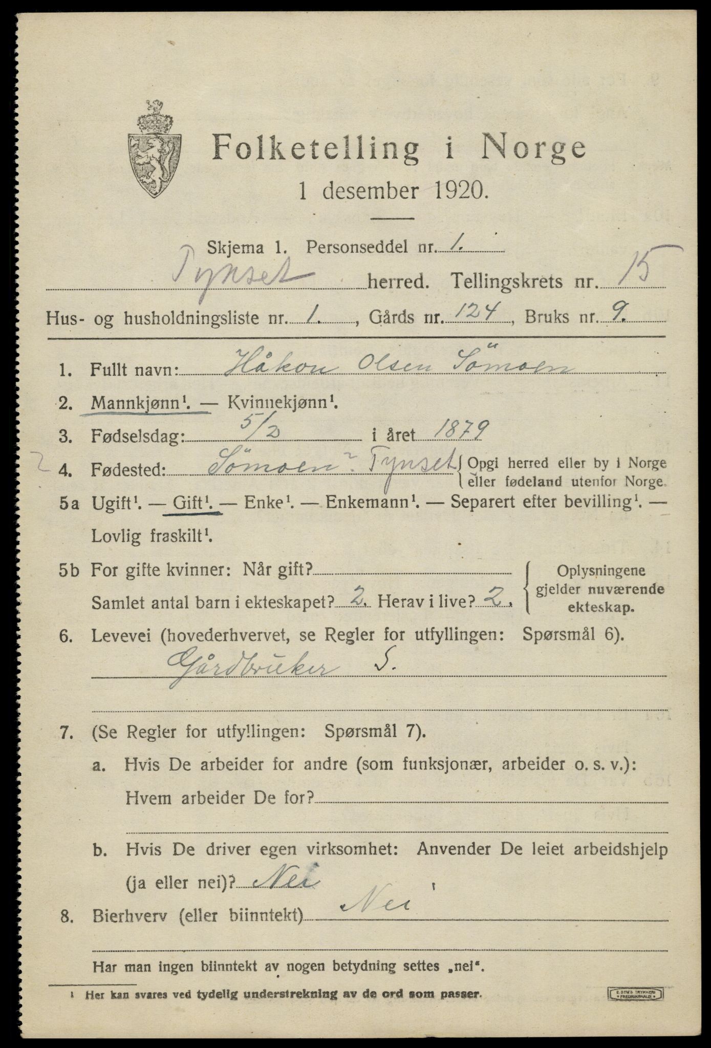 SAH, 1920 census for Tynset, 1920, p. 9226