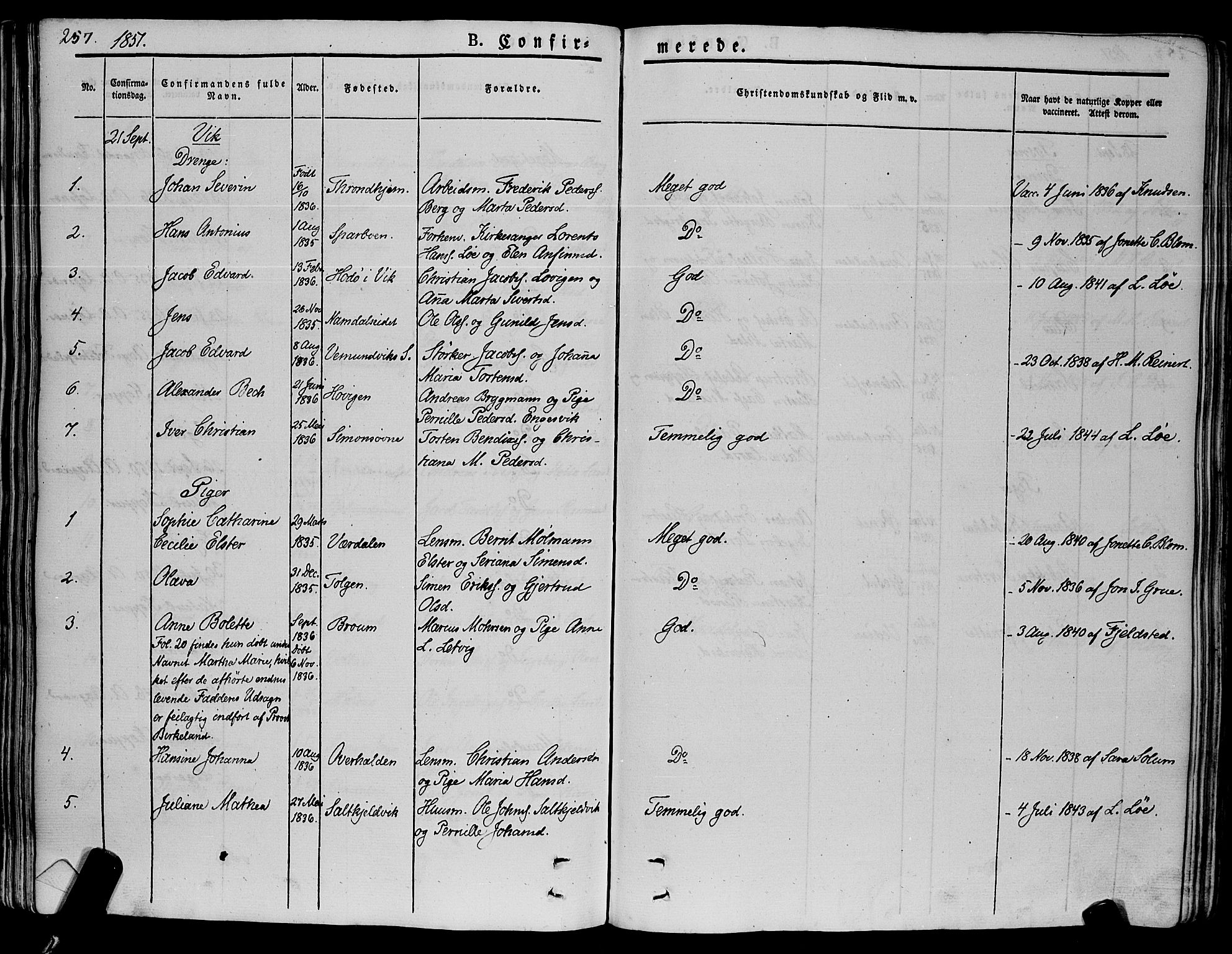 Ministerialprotokoller, klokkerbøker og fødselsregistre - Nord-Trøndelag, SAT/A-1458/773/L0614: Parish register (official) no. 773A05, 1831-1856, p. 257