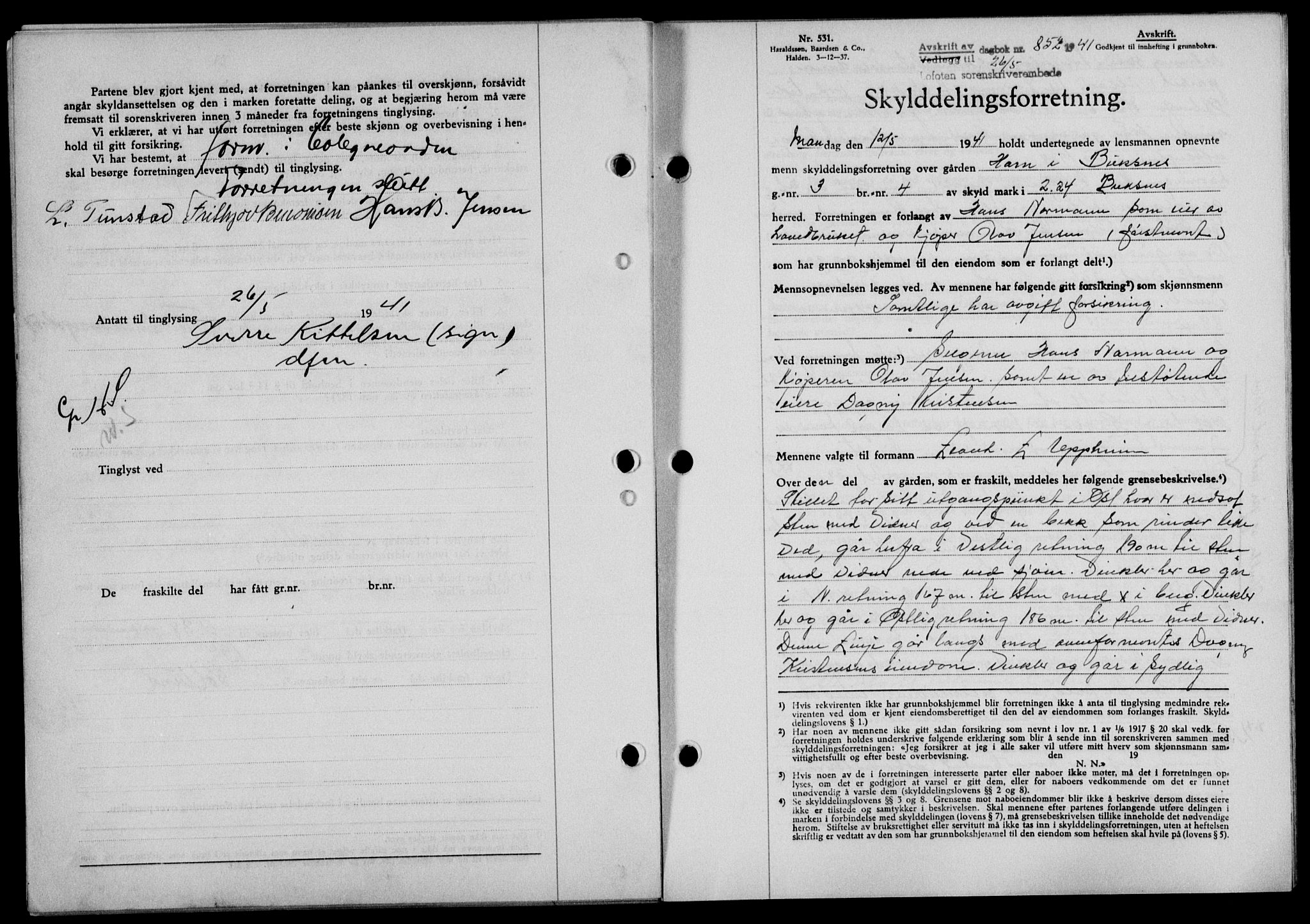 Lofoten sorenskriveri, SAT/A-0017/1/2/2C/L0008a: Mortgage book no. 8a, 1940-1941, Diary no: : 852/1941