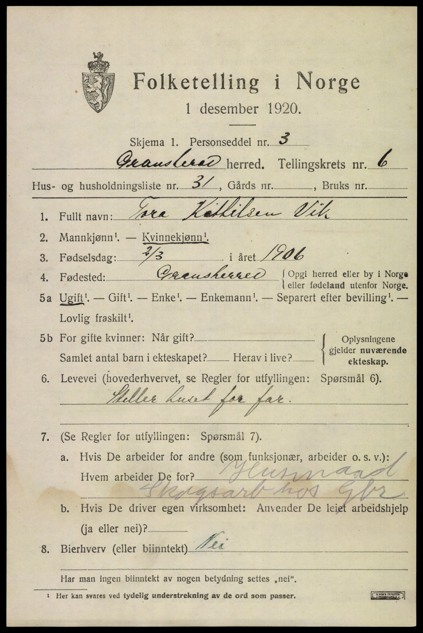 SAKO, 1920 census for Gransherad, 1920, p. 2698
