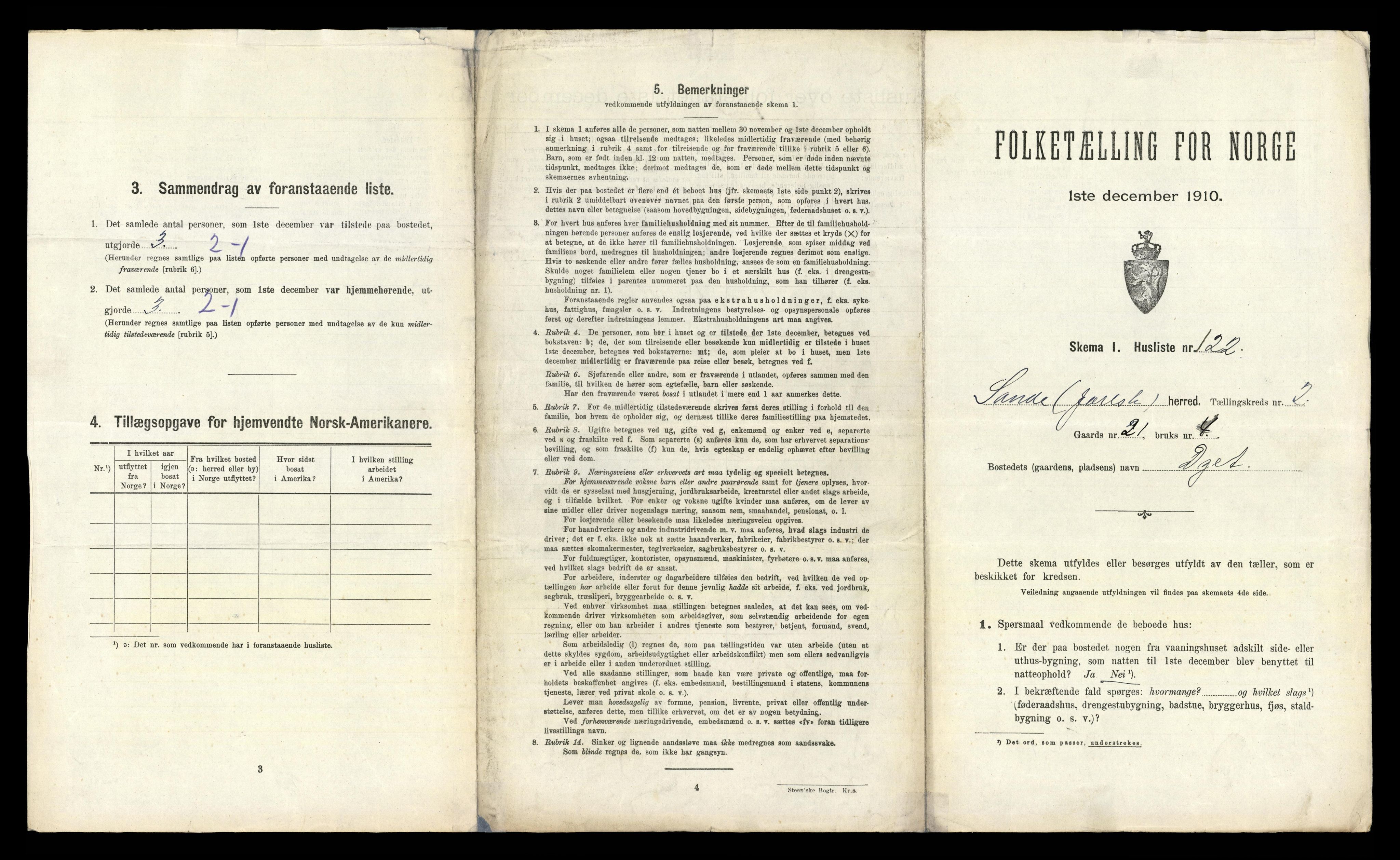 RA, 1910 census for Sande, 1910, p. 415