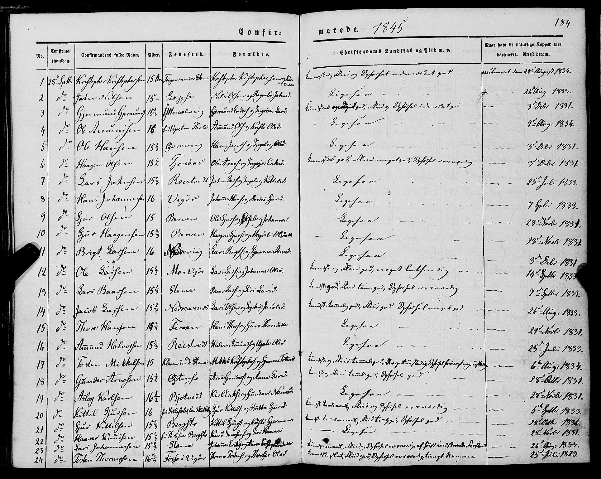 Kvam sokneprestembete, SAB/A-76201/H/Haa: Parish register (official) no. A 8, 1844-1863, p. 184