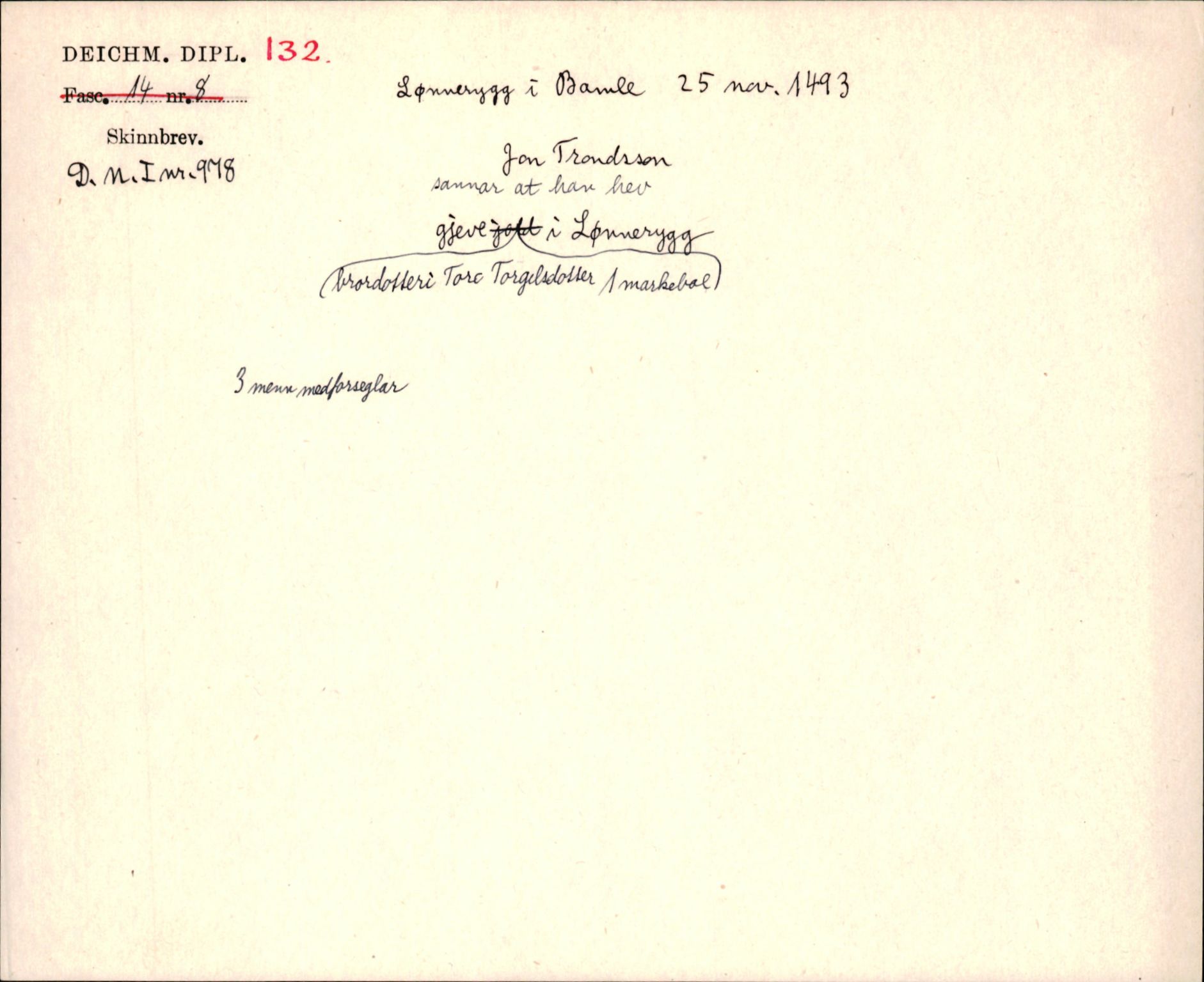 Riksarkivets diplomsamling, AV/RA-EA-5965/F35/F35j/L0001: Regestsedler: Deichmanske diplomer nr. 1-450, p. 275