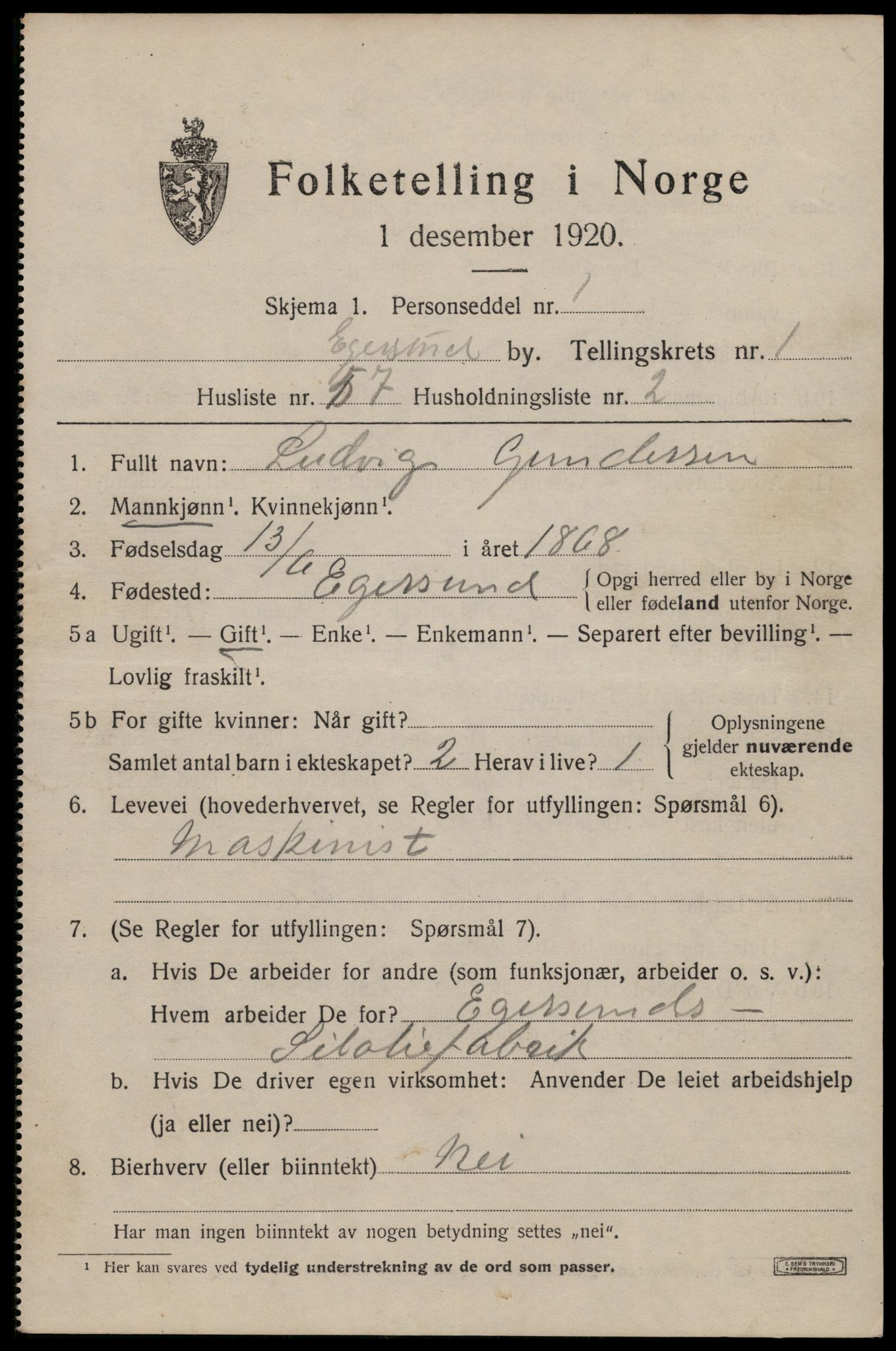 SAST, 1920 census for Egersund town, 1920, p. 3464