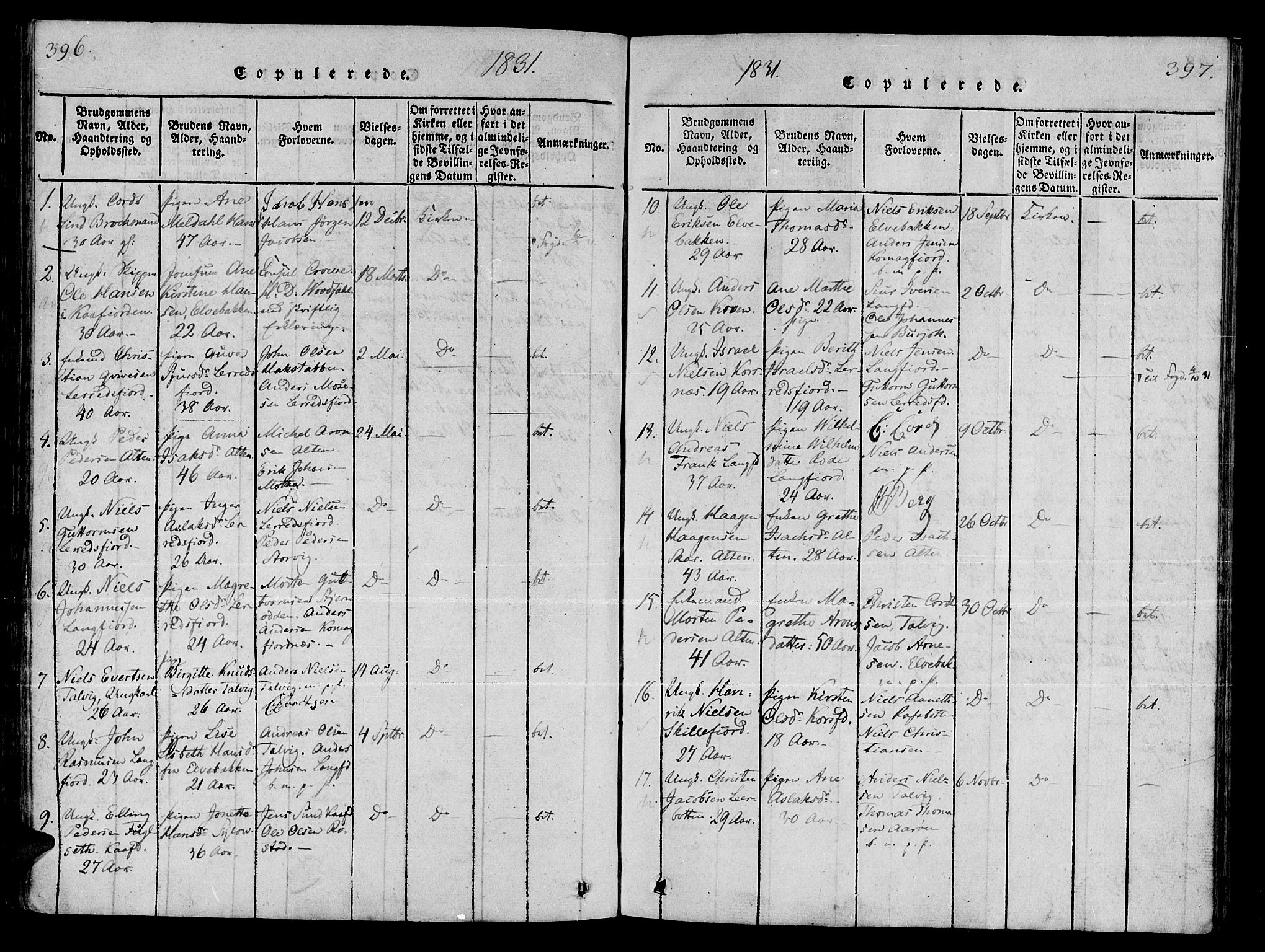 Talvik sokneprestkontor, SATØ/S-1337/H/Ha/L0008kirke: Parish register (official) no. 8, 1821-1837, p. 396-397
