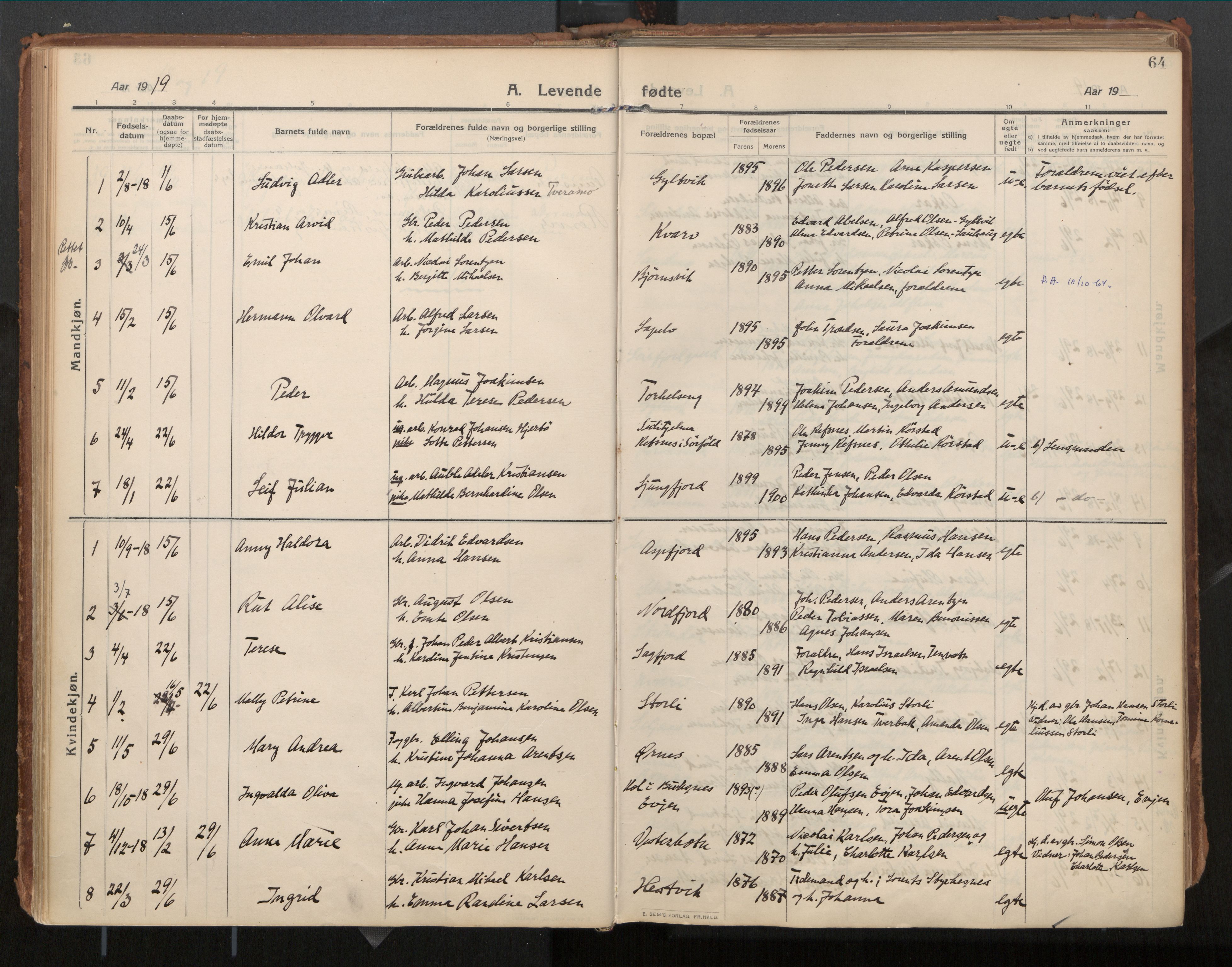 Ministerialprotokoller, klokkerbøker og fødselsregistre - Nordland, AV/SAT-A-1459/854/L0784: Parish register (official) no. 854A07, 1910-1922, p. 64