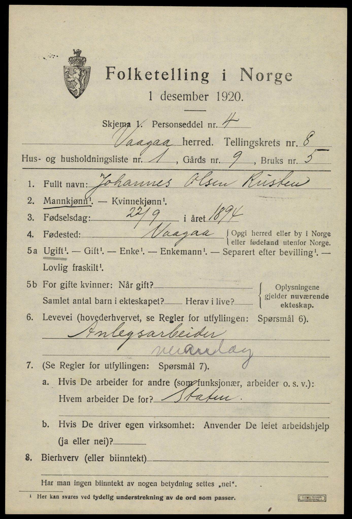 SAH, 1920 census for Vågå, 1920, p. 5986