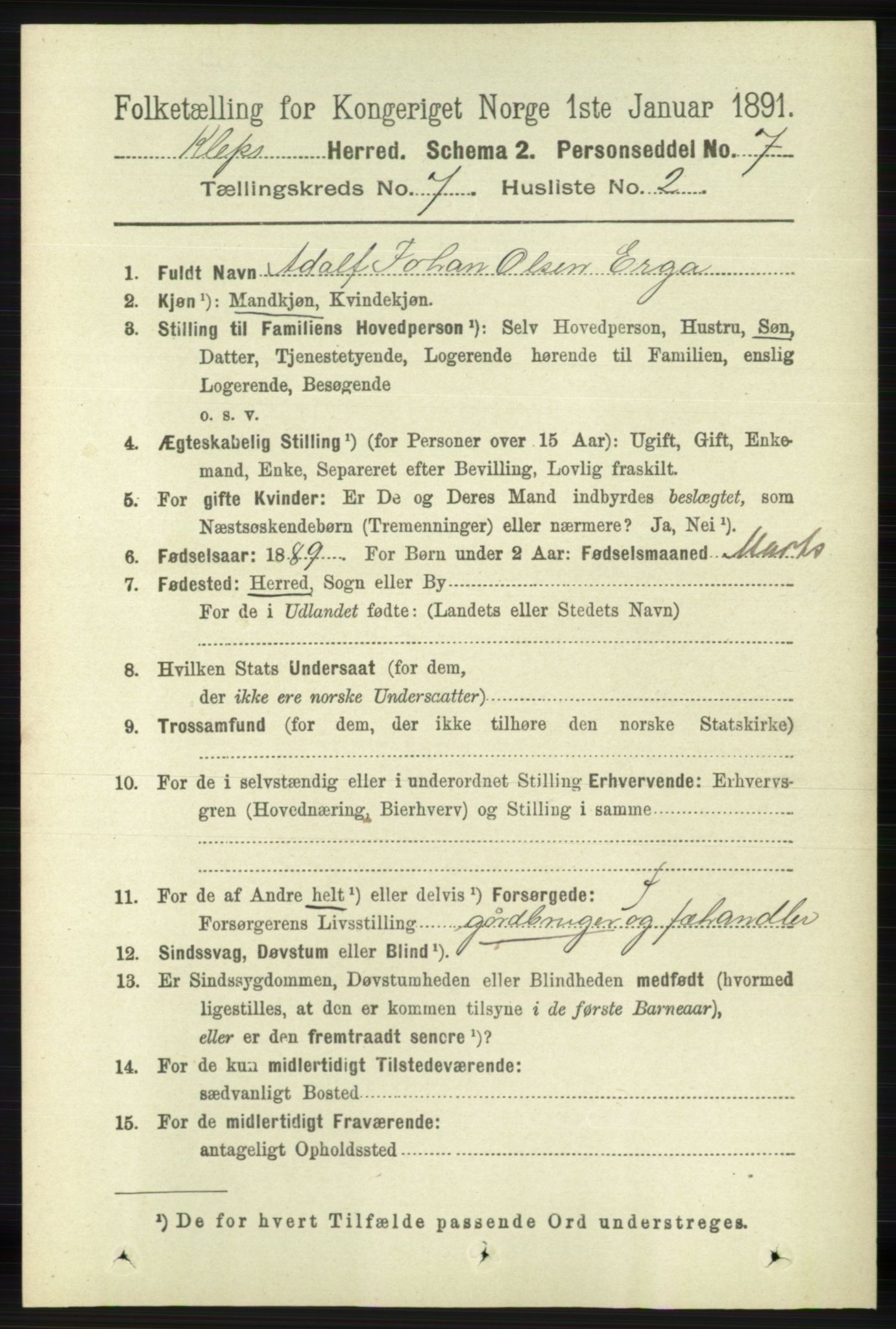 RA, 1891 census for 1120 Klepp, 1891, p. 2125