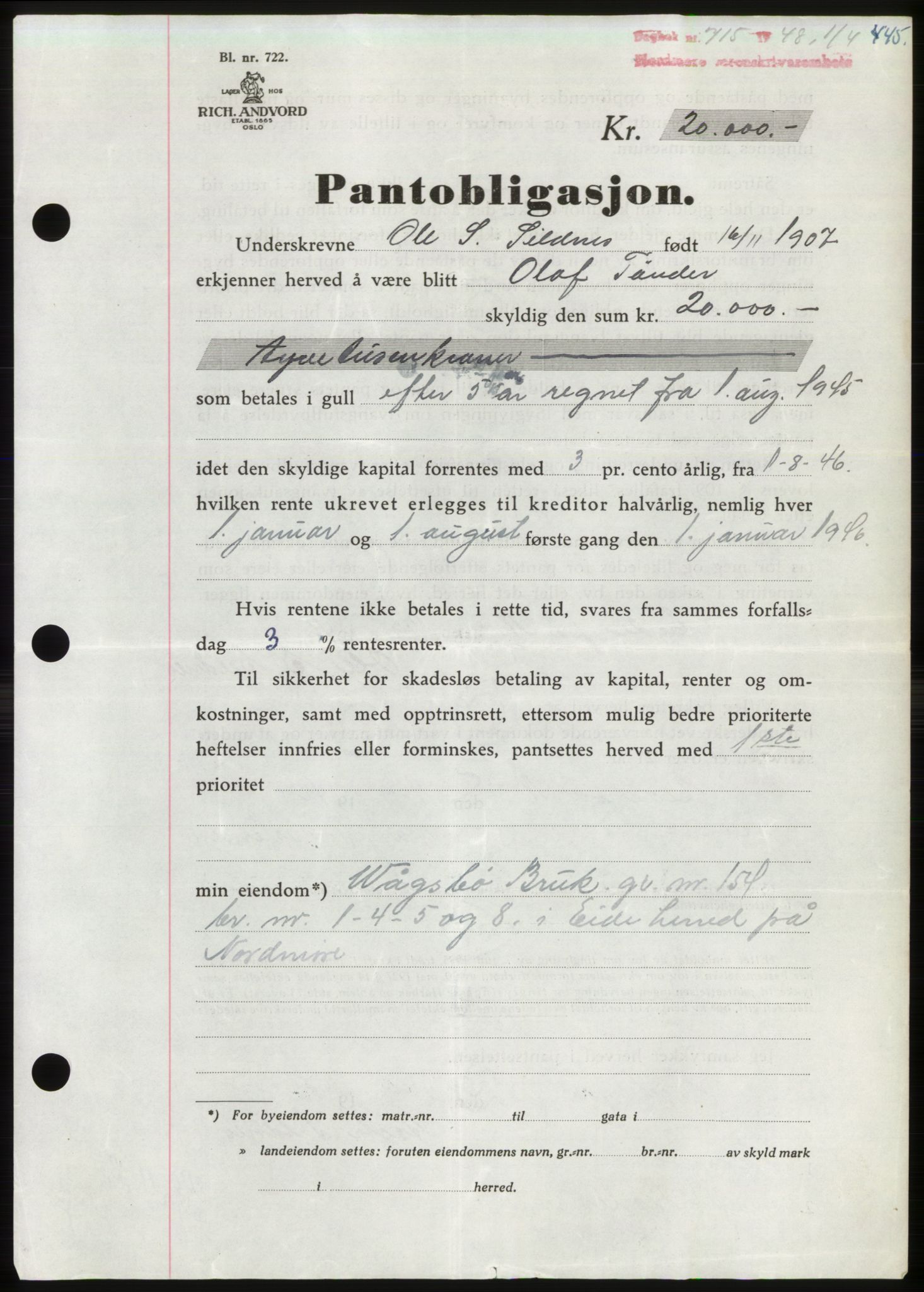 Nordmøre sorenskriveri, AV/SAT-A-4132/1/2/2Ca: Mortgage book no. B98, 1948-1948, Diary no: : 715/1948