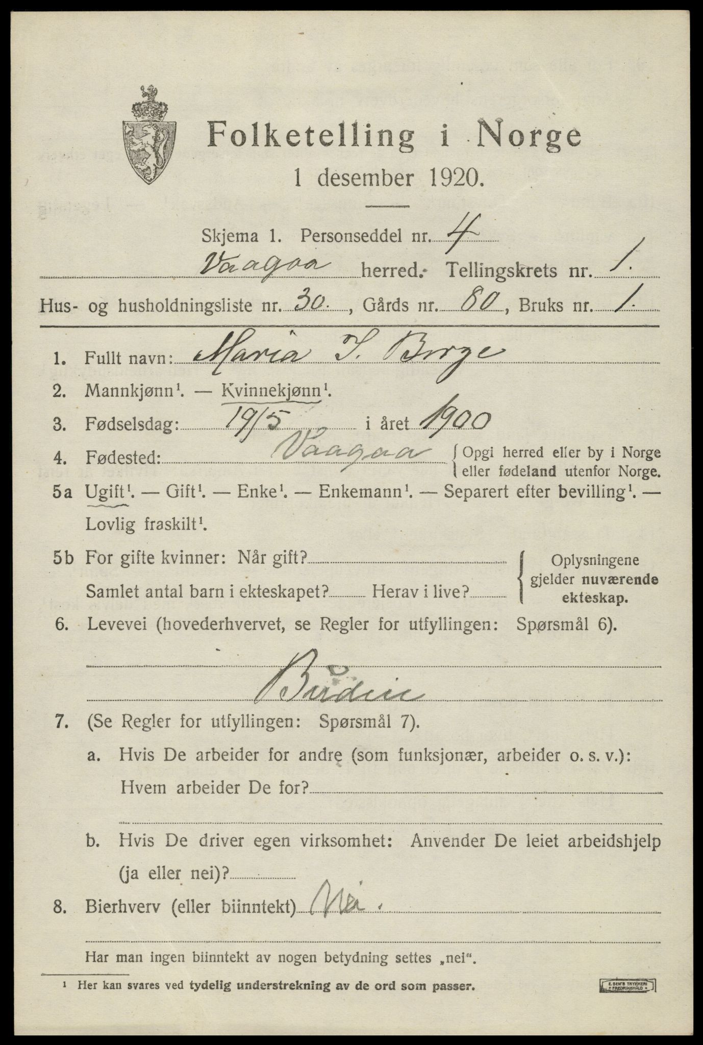 SAH, 1920 census for Vågå, 1920, p. 1642