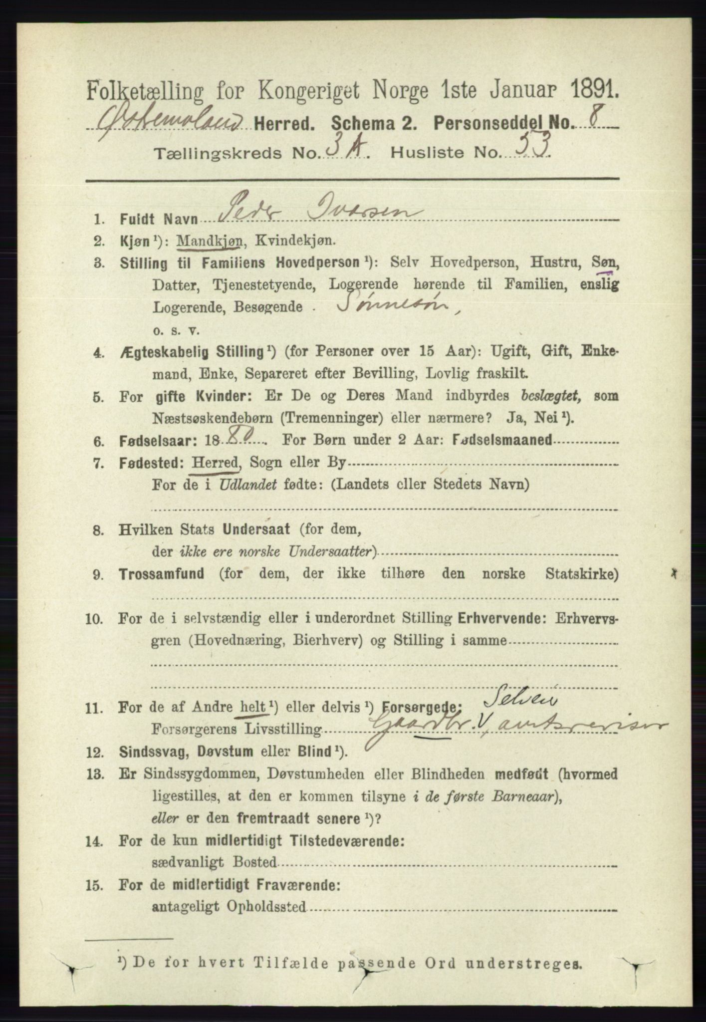 RA, 1891 census for 0918 Austre Moland, 1891, p. 1658