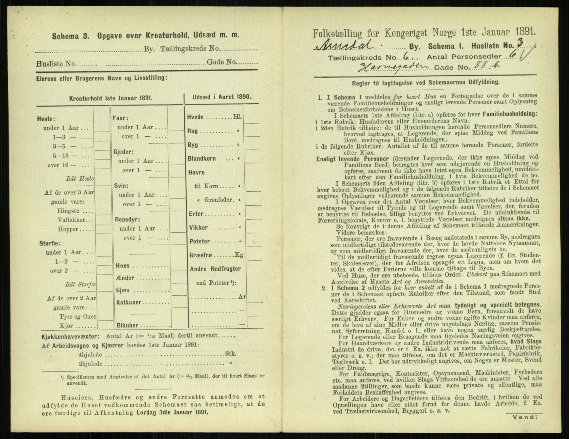 RA, 1891 census for 0903 Arendal, 1891, p. 288