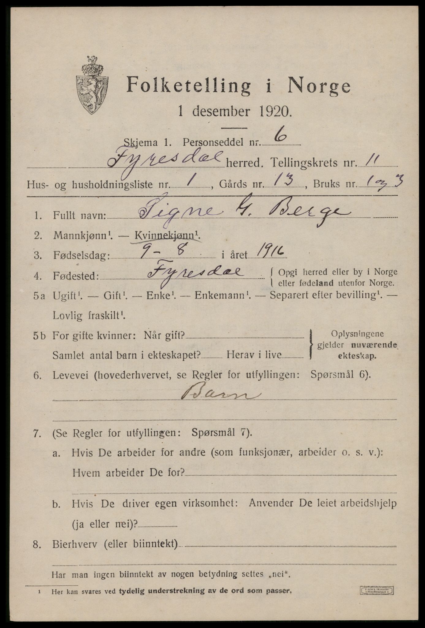 SAKO, 1920 census for Fyresdal, 1920, p. 4039