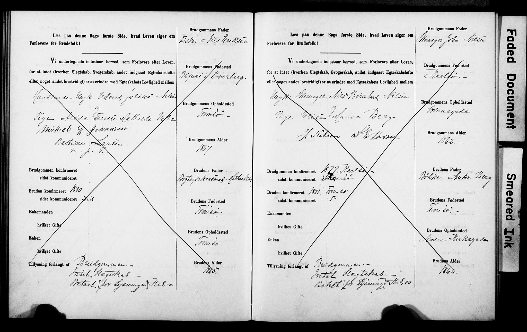 Tromsø sokneprestkontor/stiftsprosti/domprosti, AV/SATØ-S-1343/H/Hc/L0099/0001: Banns register no. 99.1, 1886-1892