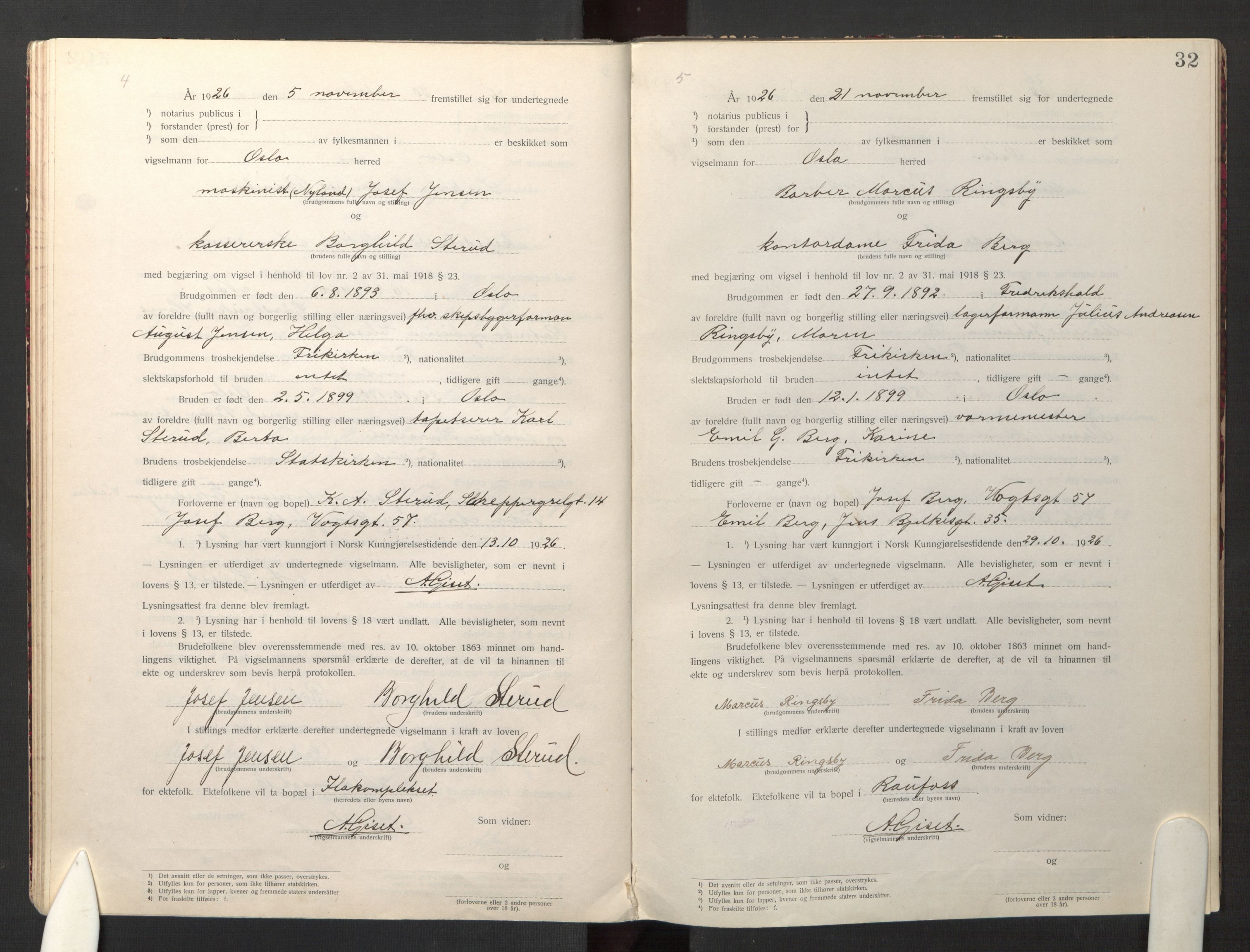 Den evangelisk-lutherske frikirke østre menighet, Oslo, AV/SAO-PAO-0245/F/L0005: Marriage register (dissenter) no. 5, 1920-1941, p. 32