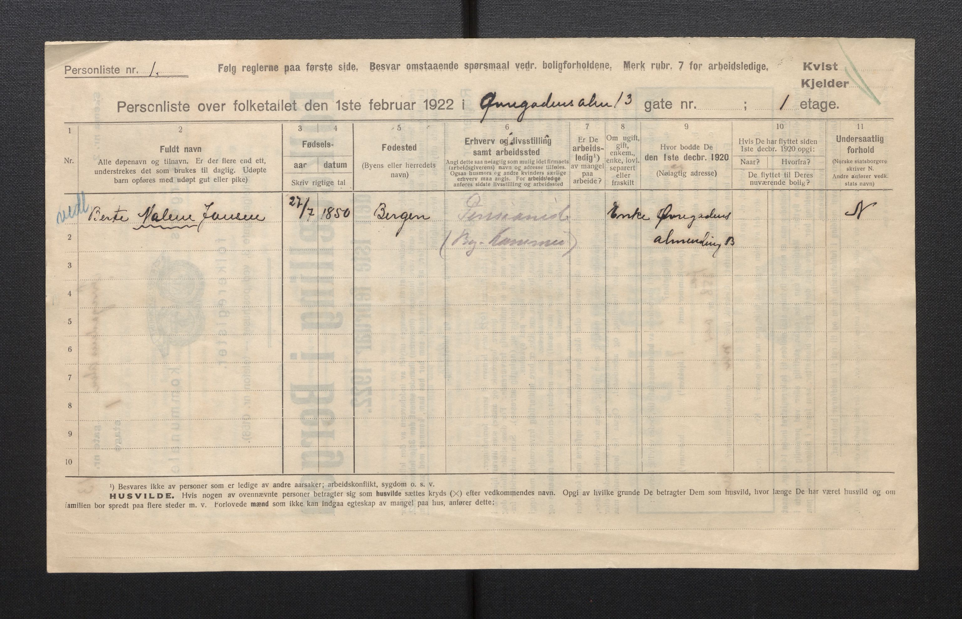 SAB, Municipal Census 1922 for Bergen, 1922, p. 49498