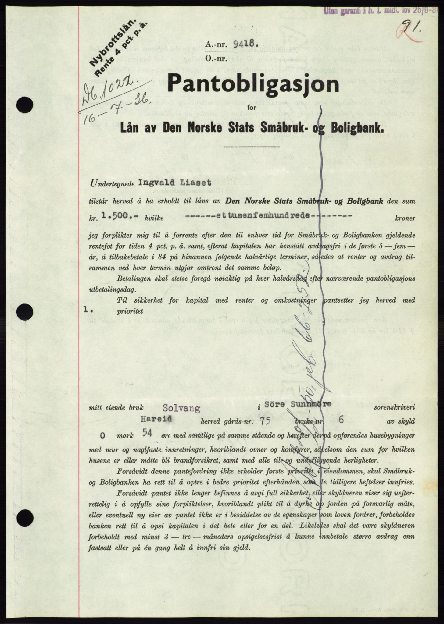 Søre Sunnmøre sorenskriveri, AV/SAT-A-4122/1/2/2C/L0061: Mortgage book no. 55, 1936-1936, Diary no: : 1022/1936