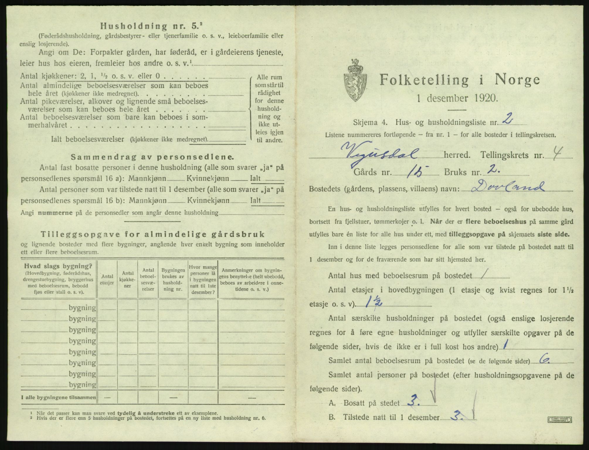 SAK, 1920 census for Vegusdal, 1920, p. 167