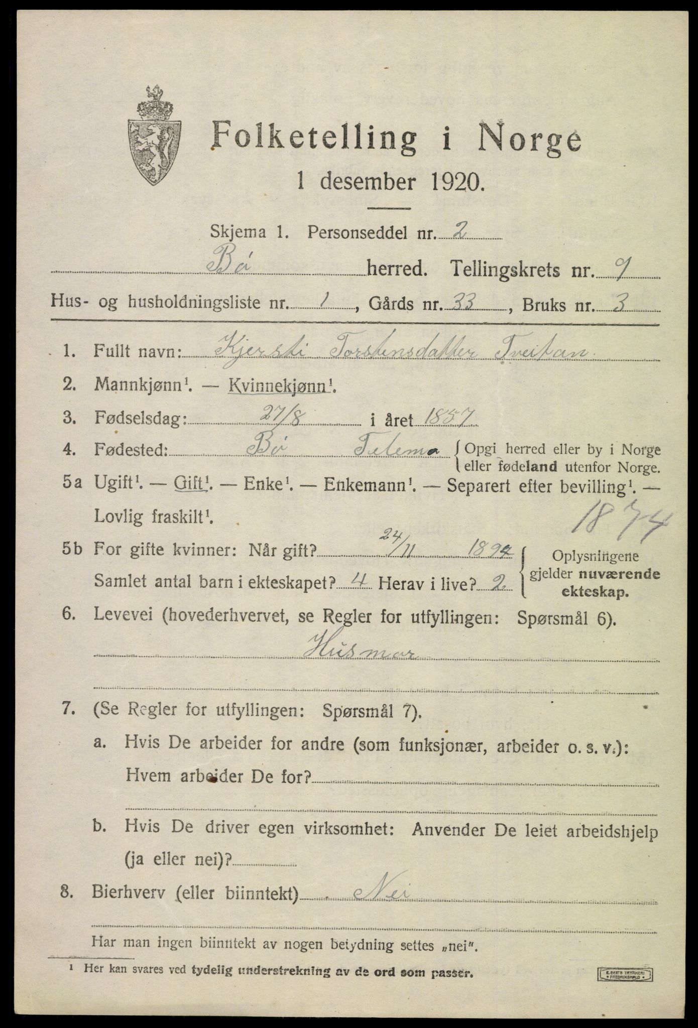 SAKO, 1920 census for Bø (Telemark), 1920, p. 6398