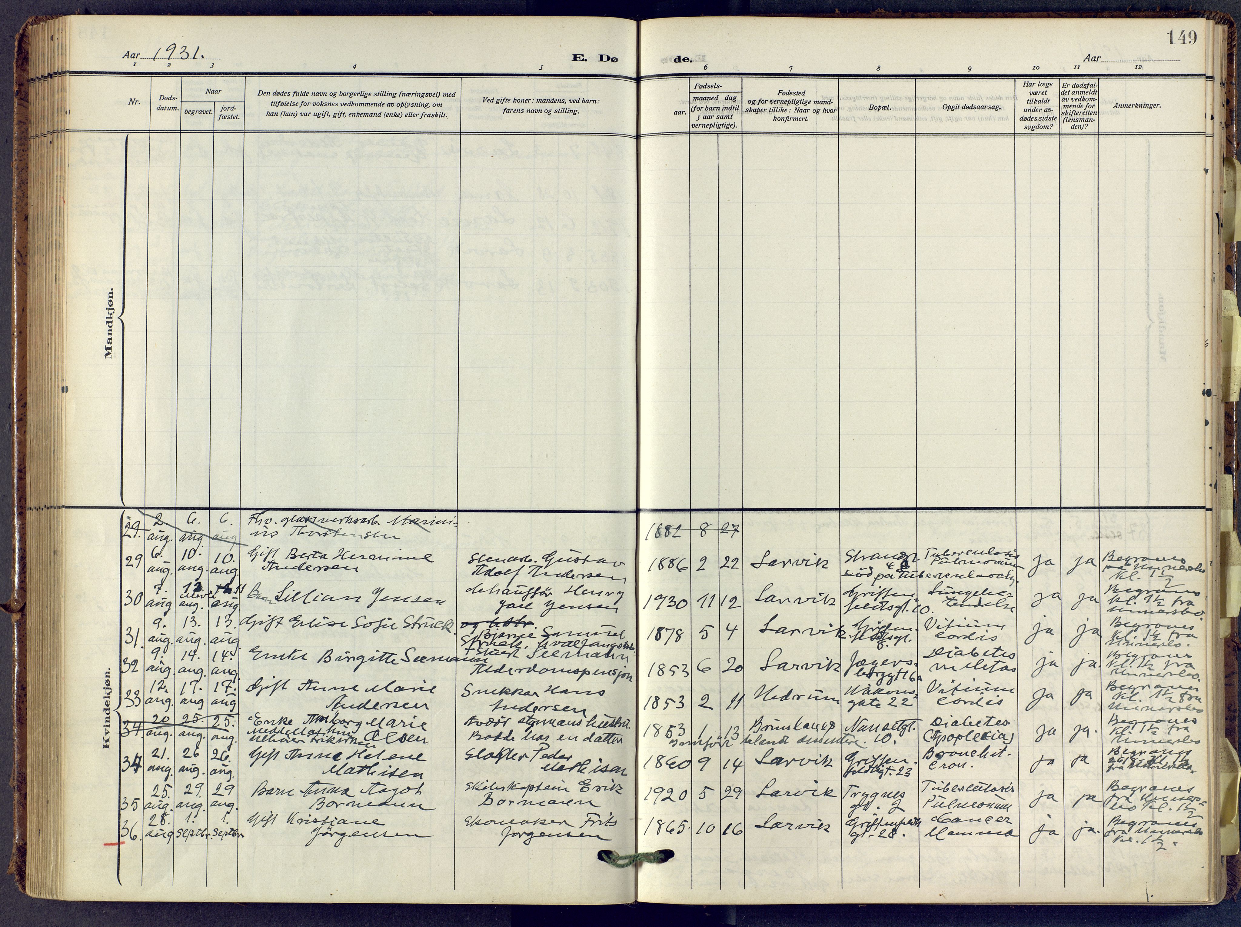 Larvik kirkebøker, AV/SAKO-A-352/F/Fa/L0013: Parish register (official) no. I 13, 1910-1960, p. 149