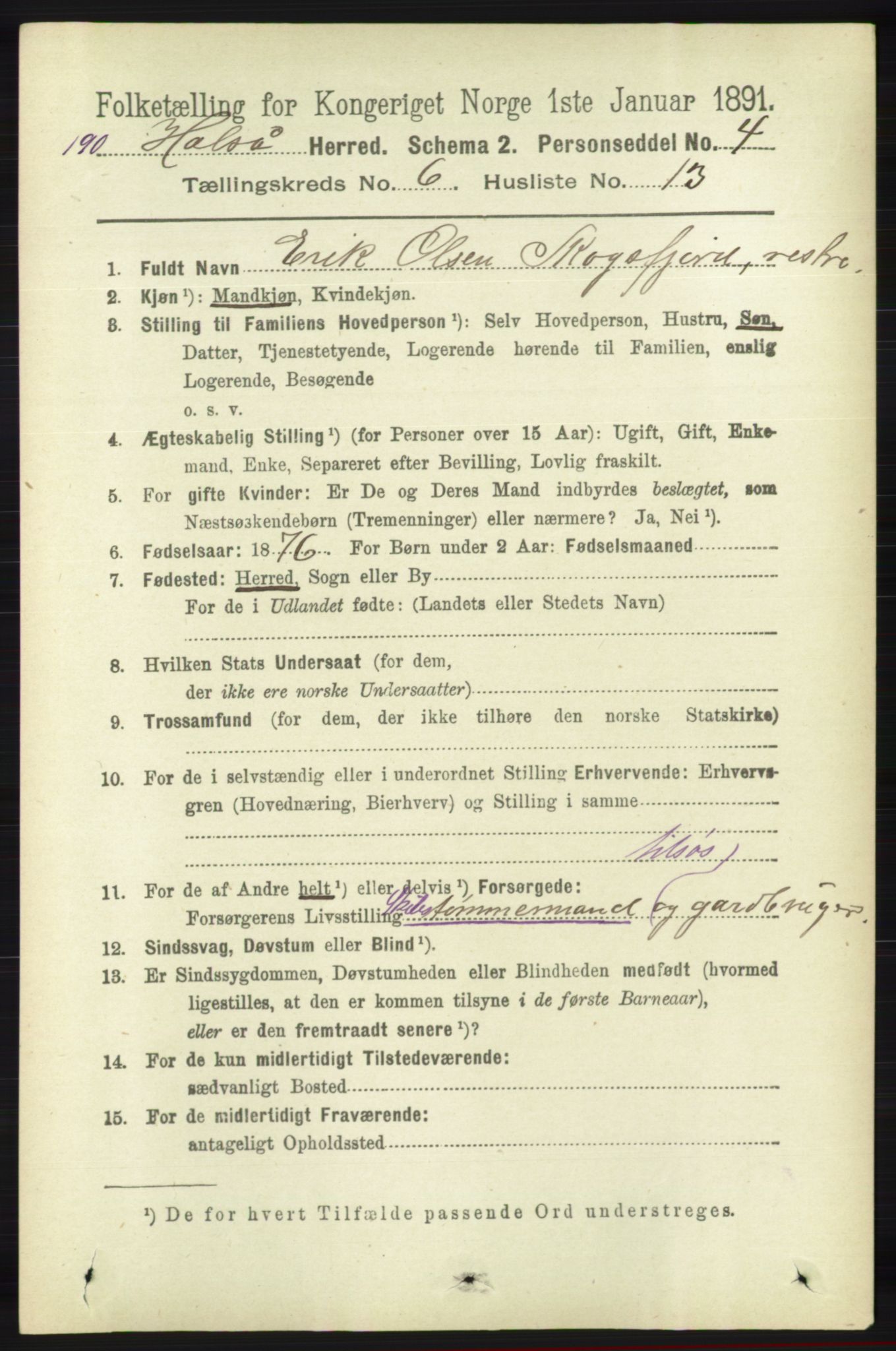 RA, 1891 census for 1019 Halse og Harkmark, 1891, p. 2449