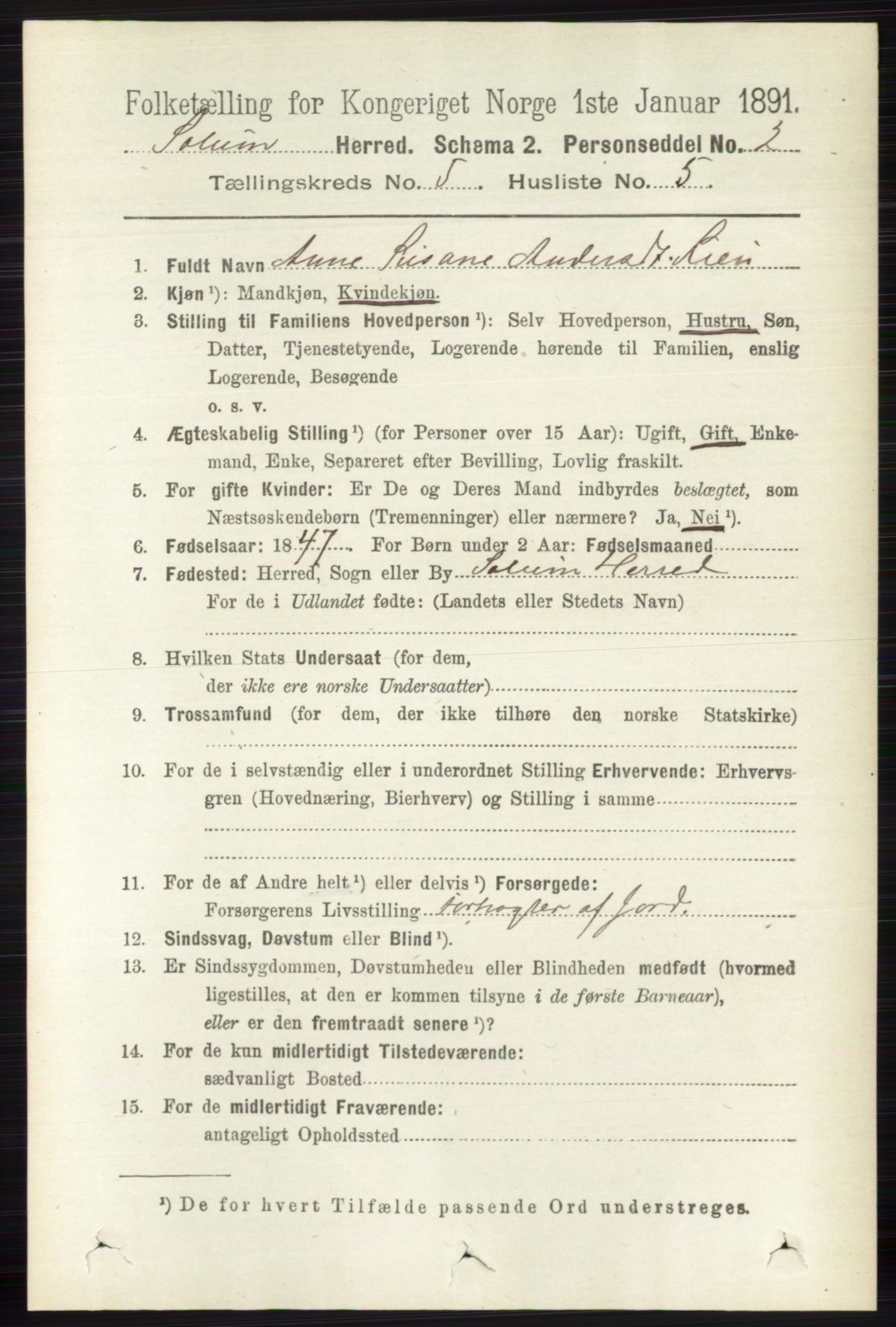 RA, 1891 census for 0818 Solum, 1891, p. 861