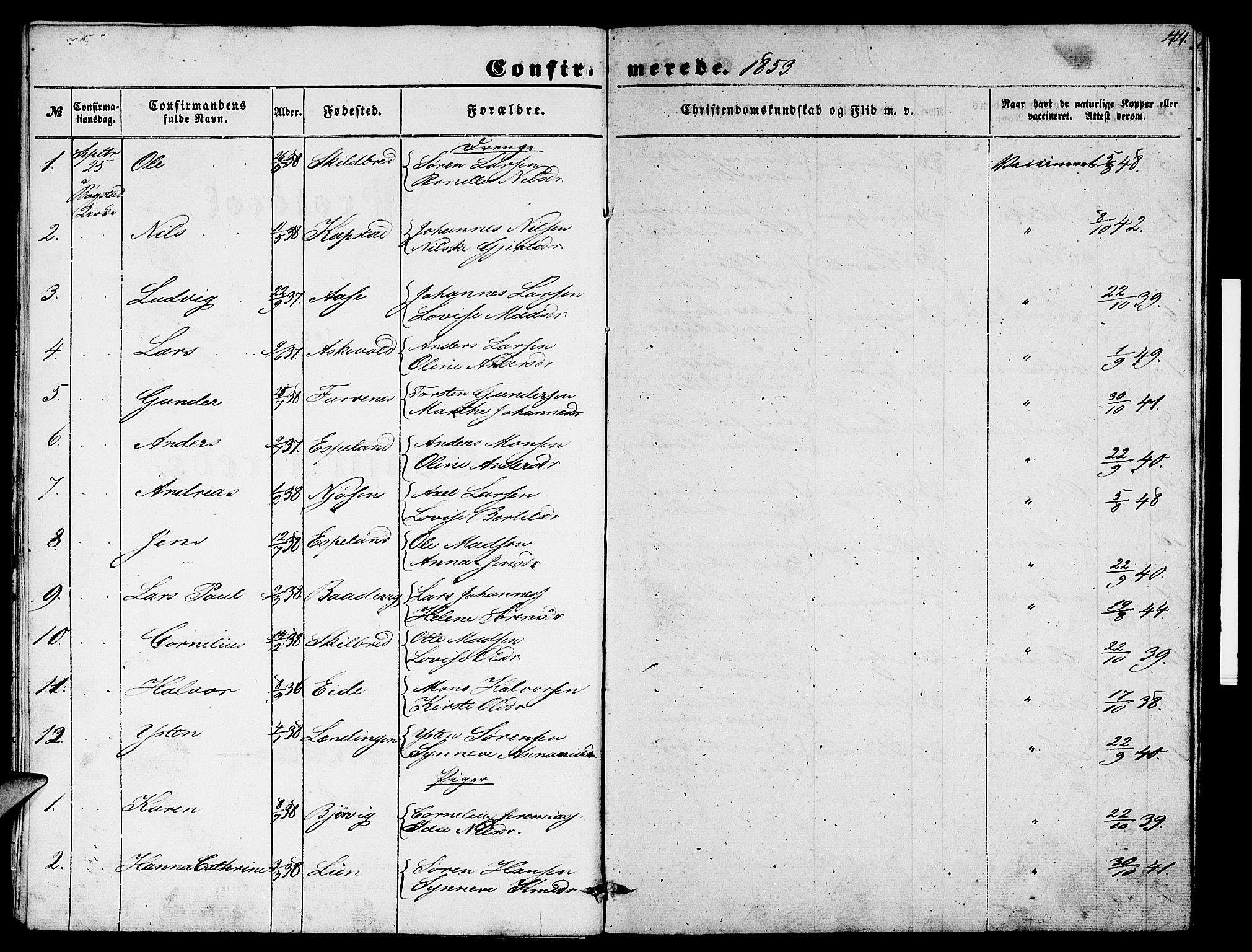 Gaular sokneprestembete, SAB/A-80001/H/Hab: Parish register (copy) no. B 1, 1853-1863, p. 44