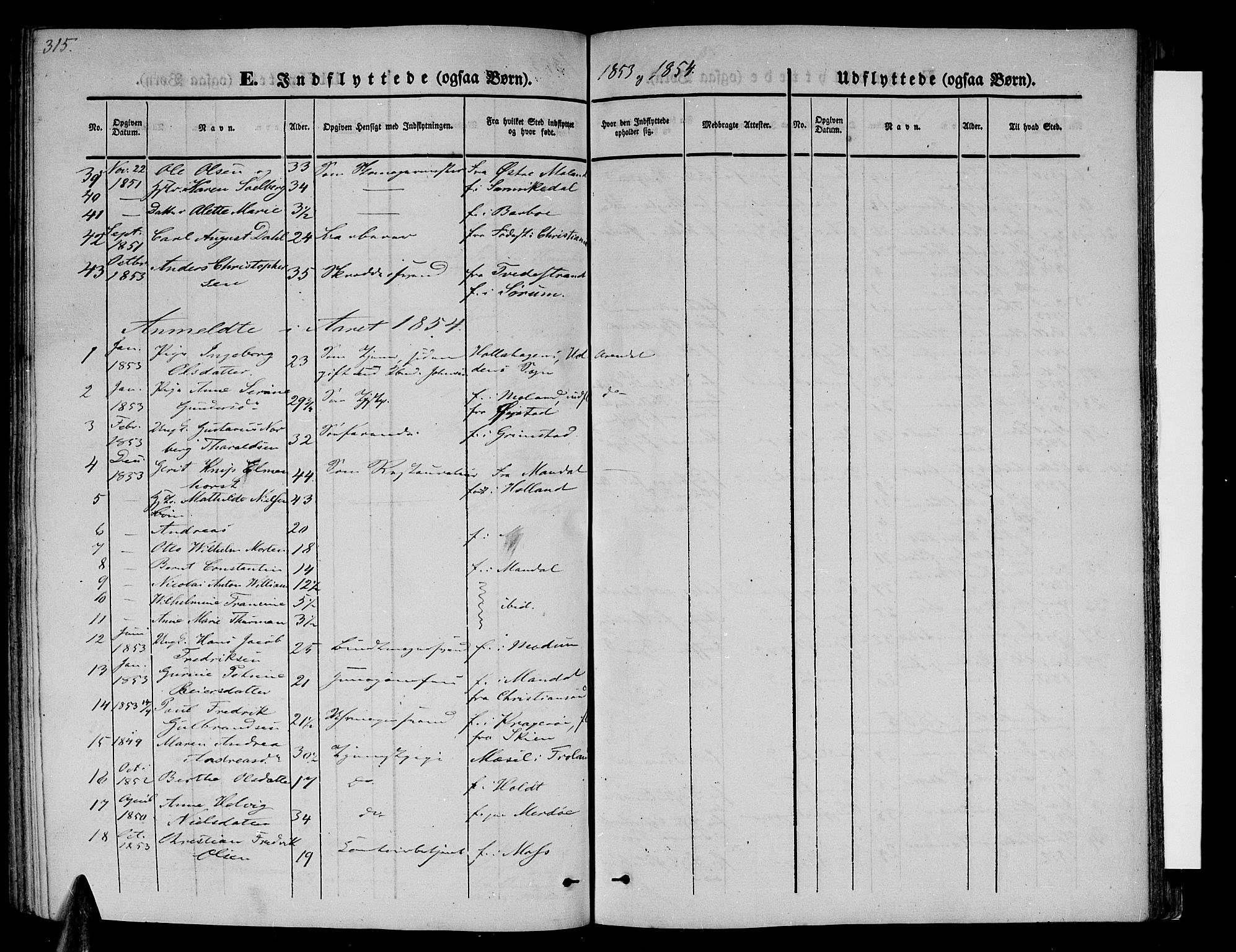 Arendal sokneprestkontor, Trefoldighet, SAK/1111-0040/F/Fb/L0002: Parish register (copy) no. B 2, 1838-1860, p. 315