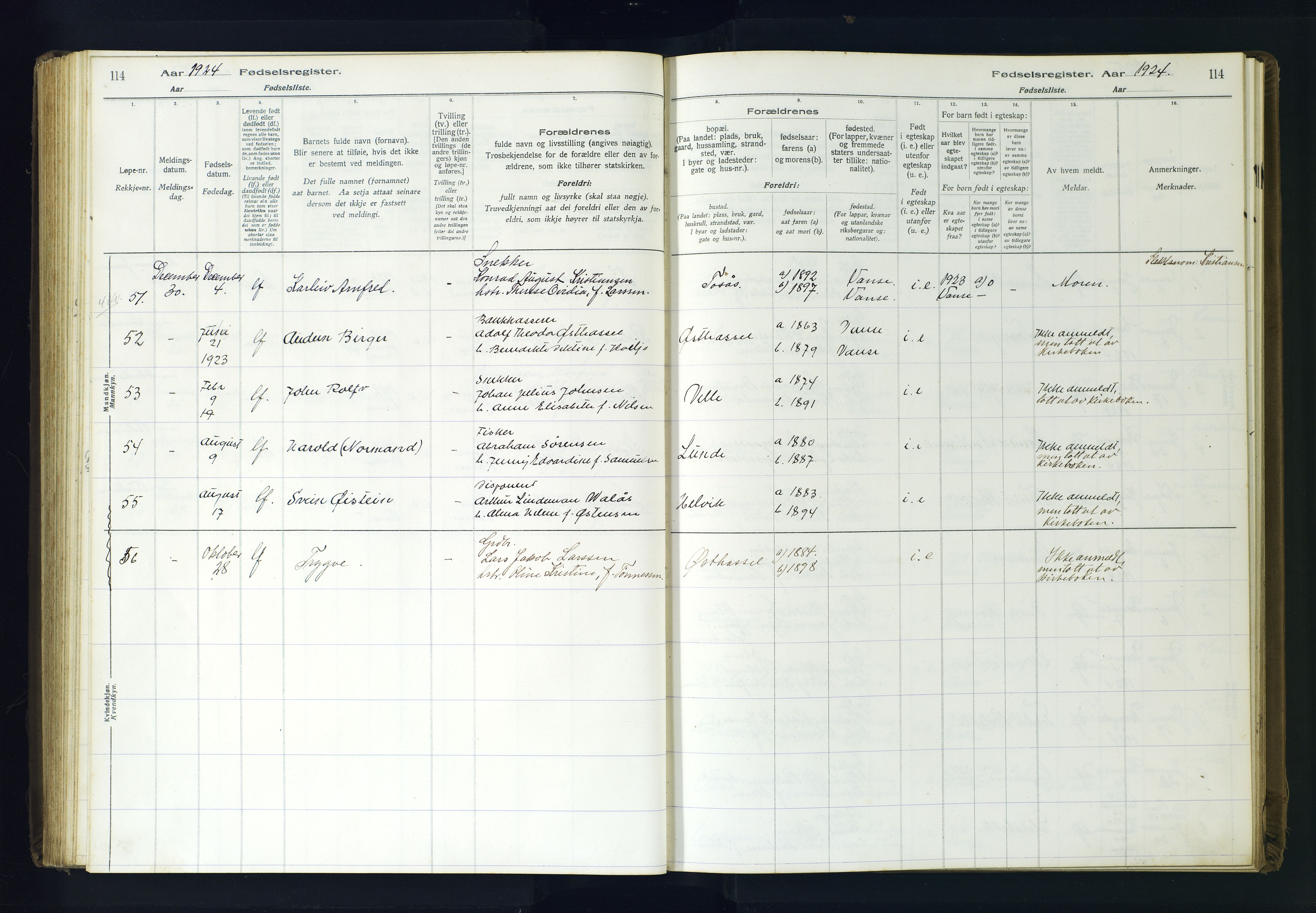 Lista sokneprestkontor, AV/SAK-1111-0027/J/Ja/L0001: Birth register no. A-VI-30, 1916-1934, p. 114