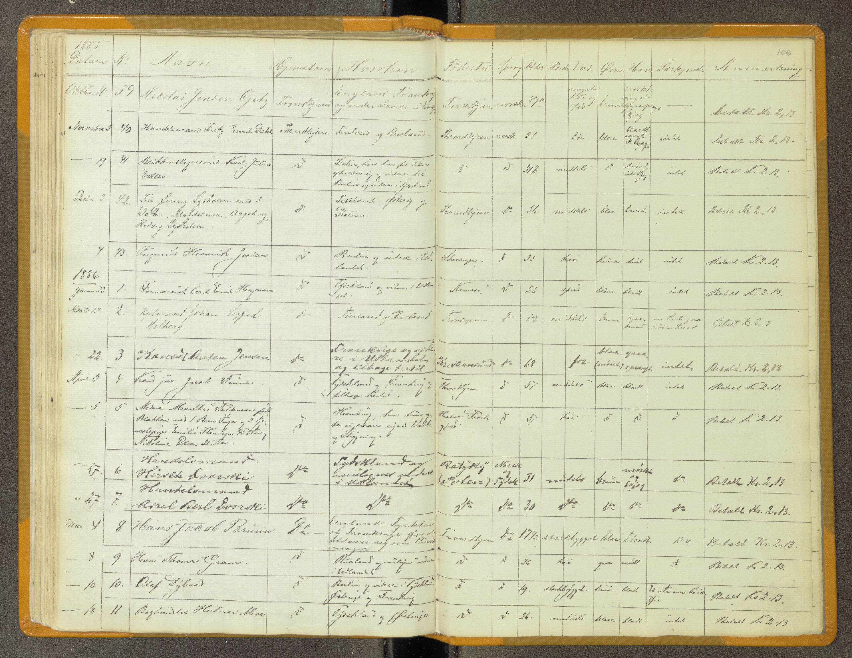 Trondheim politikammer, AV/SAT-A-1887/1/30/L0011: Passprotokoll. Utstedte pass 1855-1890. Utstede og forviste handelsbrev 1857-1860, 1855-1890, p. 105b-106a