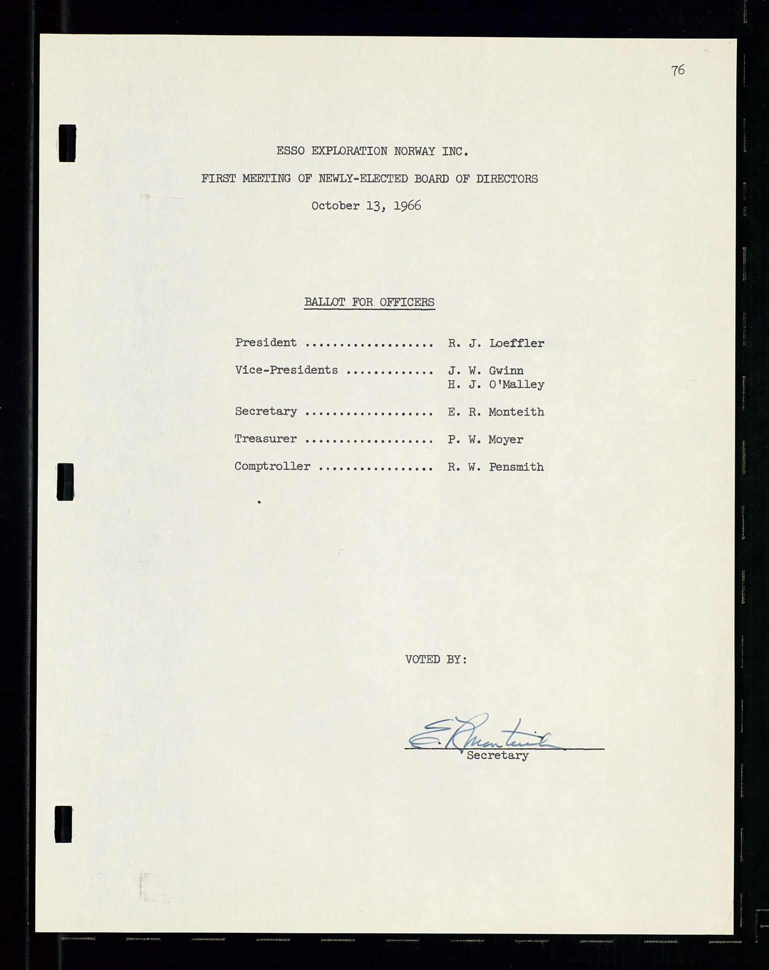 Pa 1512 - Esso Exploration and Production Norway Inc., SAST/A-101917/A/Aa/L0001/0001: Styredokumenter / Corporate records, By-Laws, Board meeting minutes, Incorporations, 1965-1975, p. 76