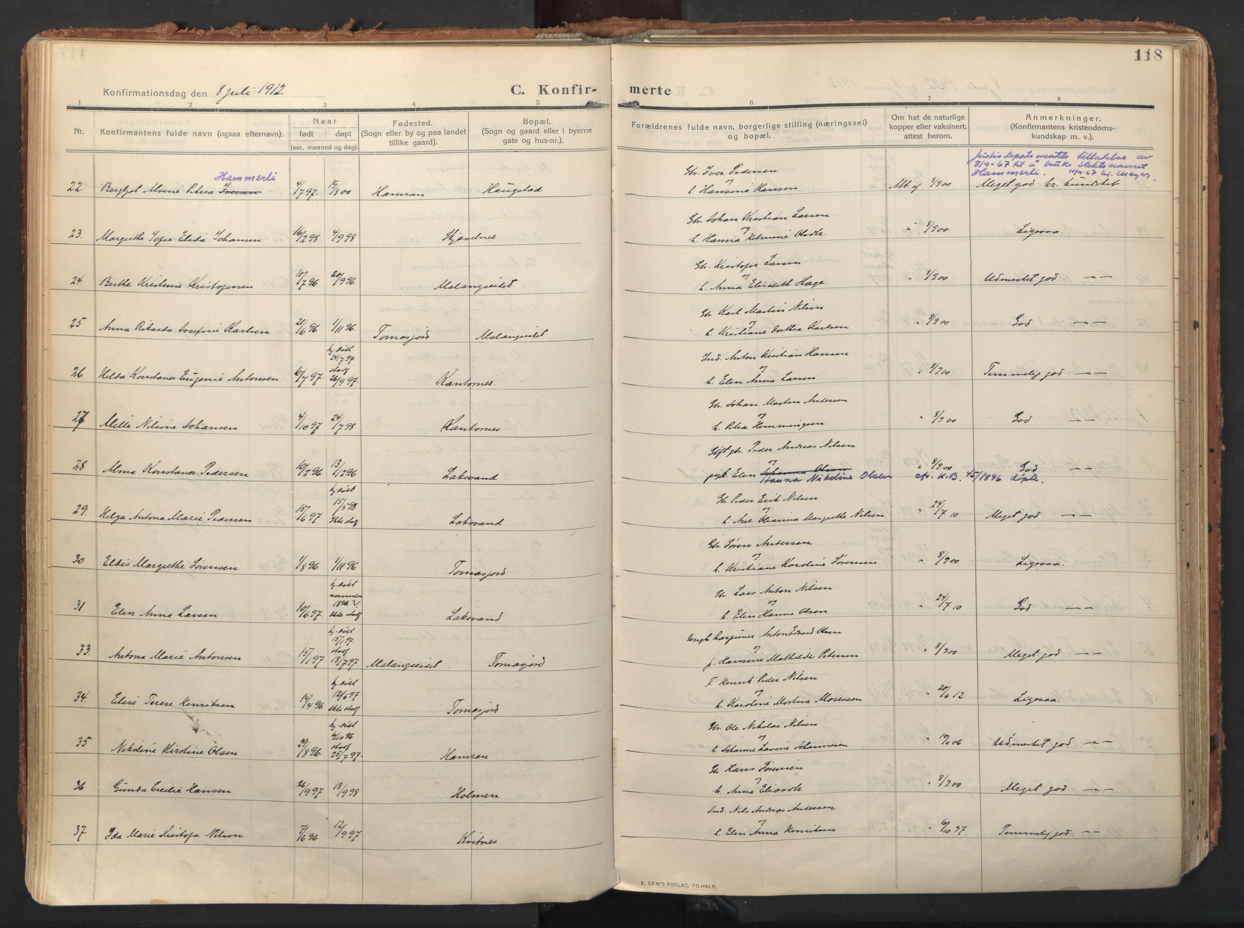 Balsfjord sokneprestembete, SATØ/S-1303/G/Ga/L0009kirke: Parish register (official) no. 9, 1909-1921, p. 118
