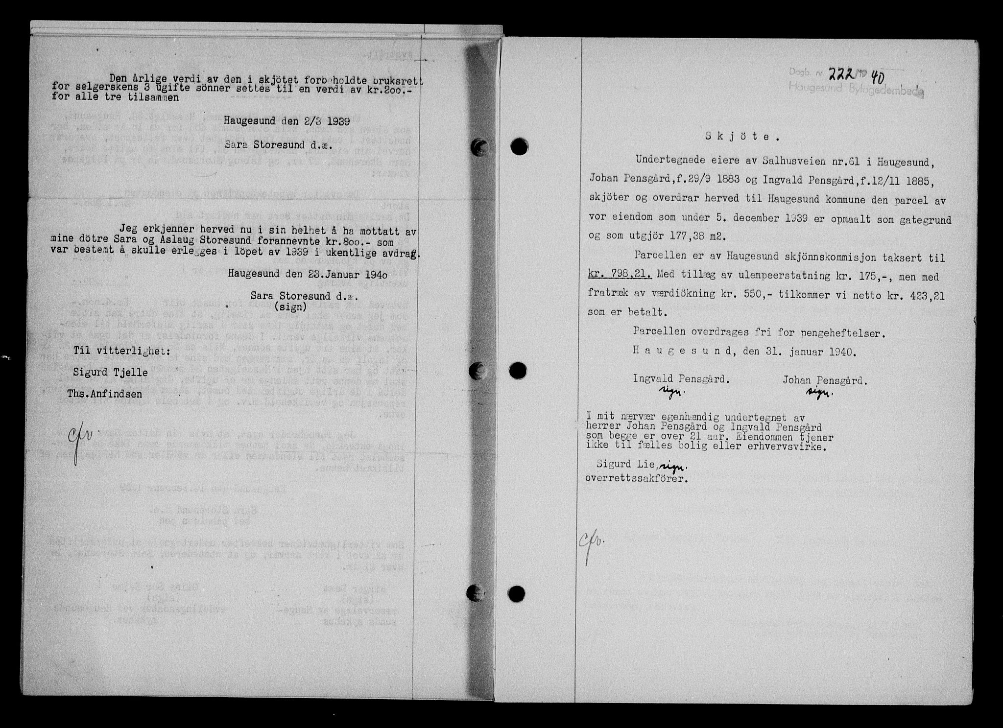 Haugesund tingrett, AV/SAST-A-101415/01/II/IIC/L0061: Mortgage book no. A 2, 1939-1942, Diary no: : 222/1940