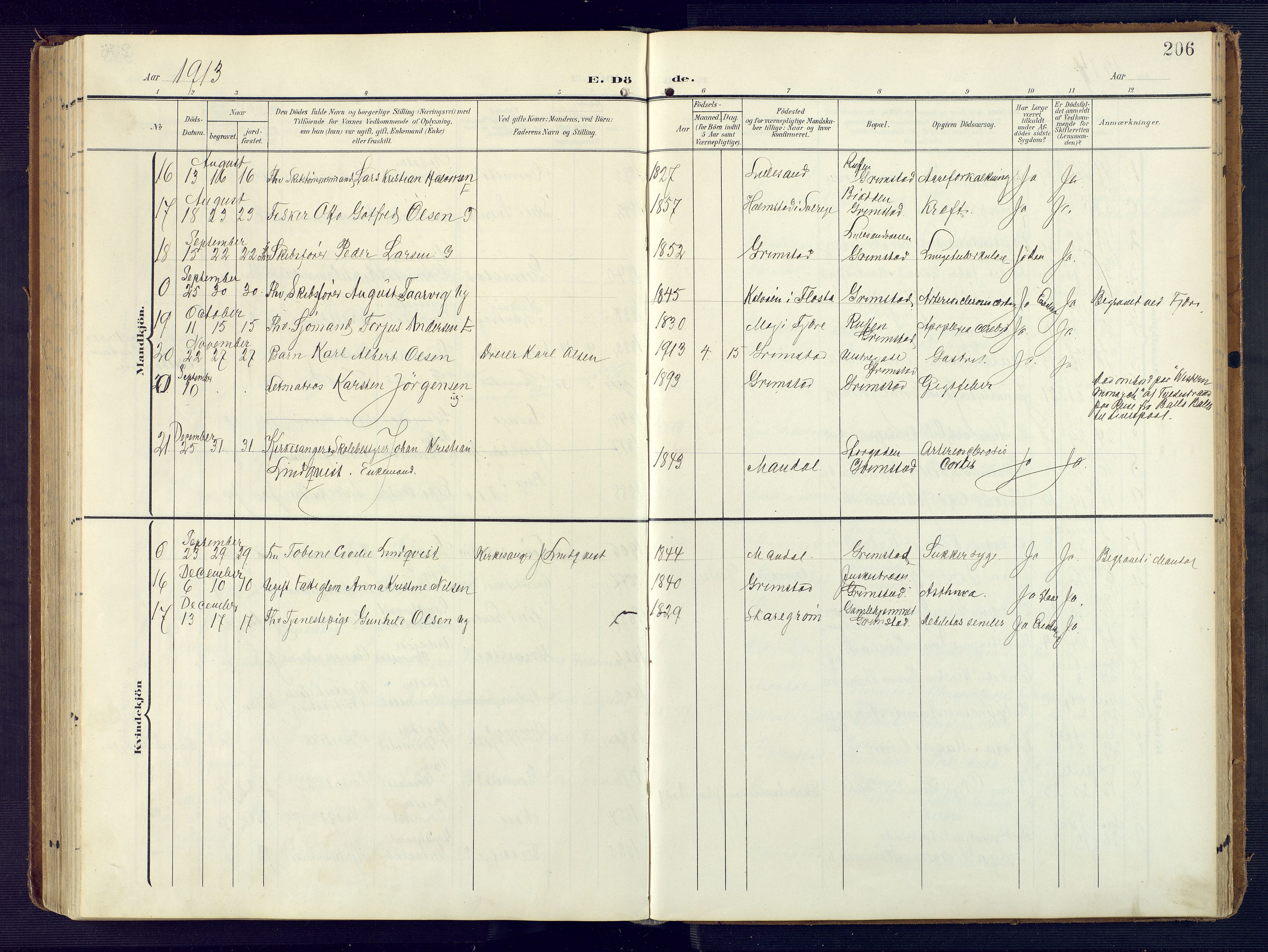Grimstad sokneprestkontor, SAK/1111-0017/F/Fa/L0005: Parish register (official) no. A 4, 1911-1924, p. 206