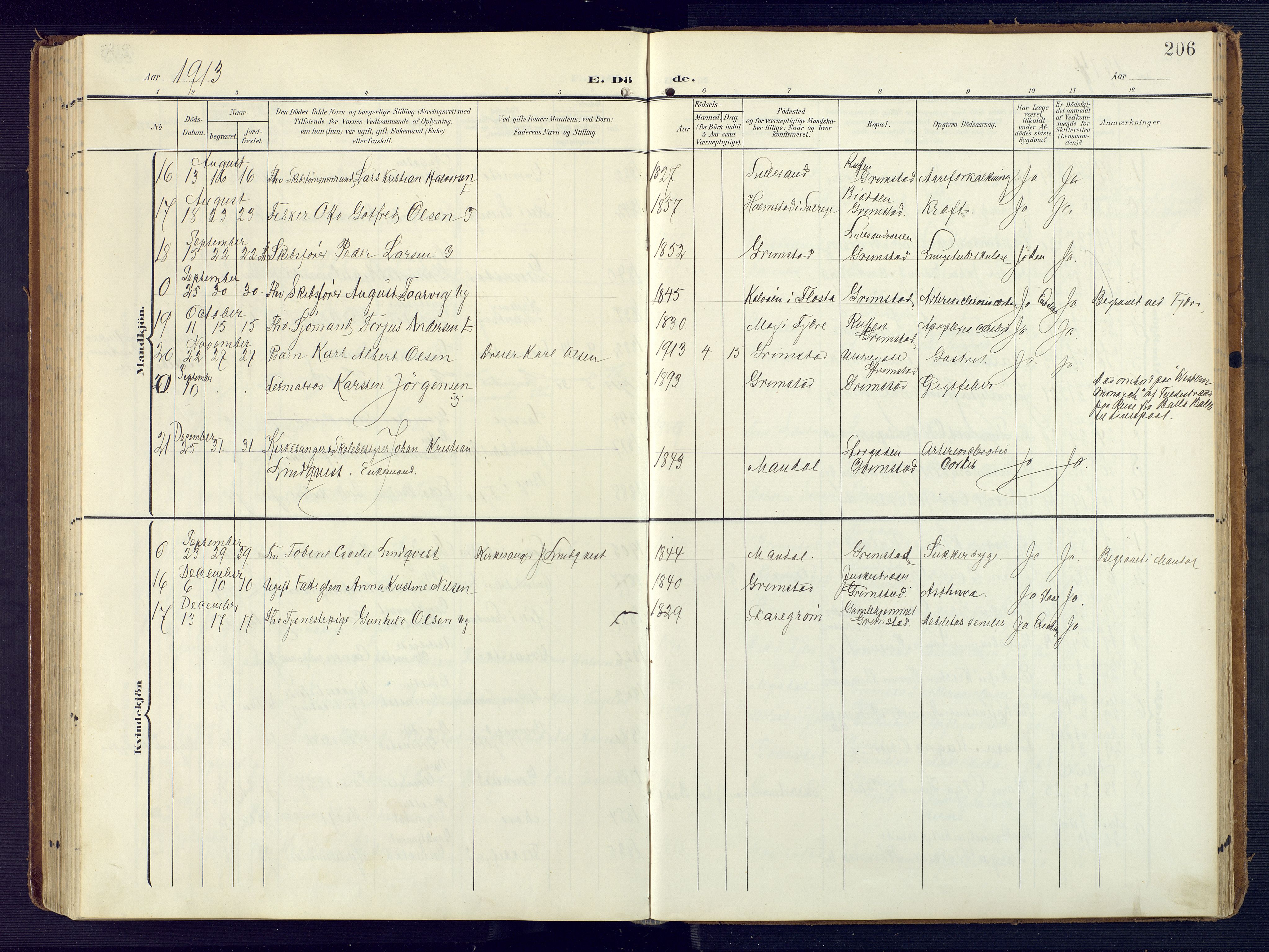 Grimstad sokneprestkontor, AV/SAK-1111-0017/F/Fa/L0005: Parish register (official) no. A 4, 1911-1924, p. 206