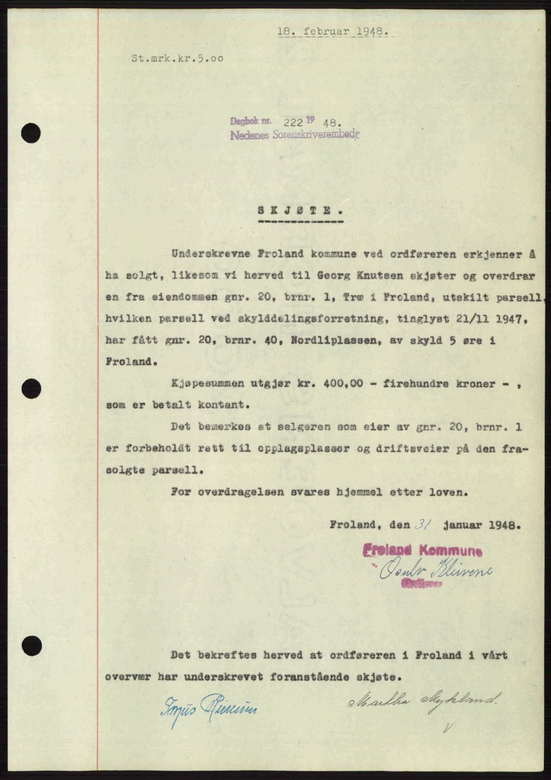 Nedenes sorenskriveri, SAK/1221-0006/G/Gb/Gba/L0058: Mortgage book no. A10, 1947-1948, Diary no: : 222/1948