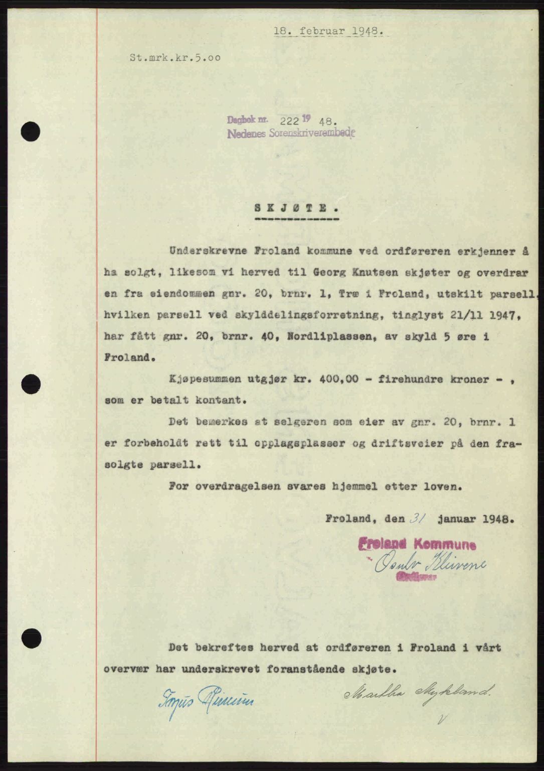 Nedenes sorenskriveri, AV/SAK-1221-0006/G/Gb/Gba/L0058: Mortgage book no. A10, 1947-1948, Diary no: : 222/1948