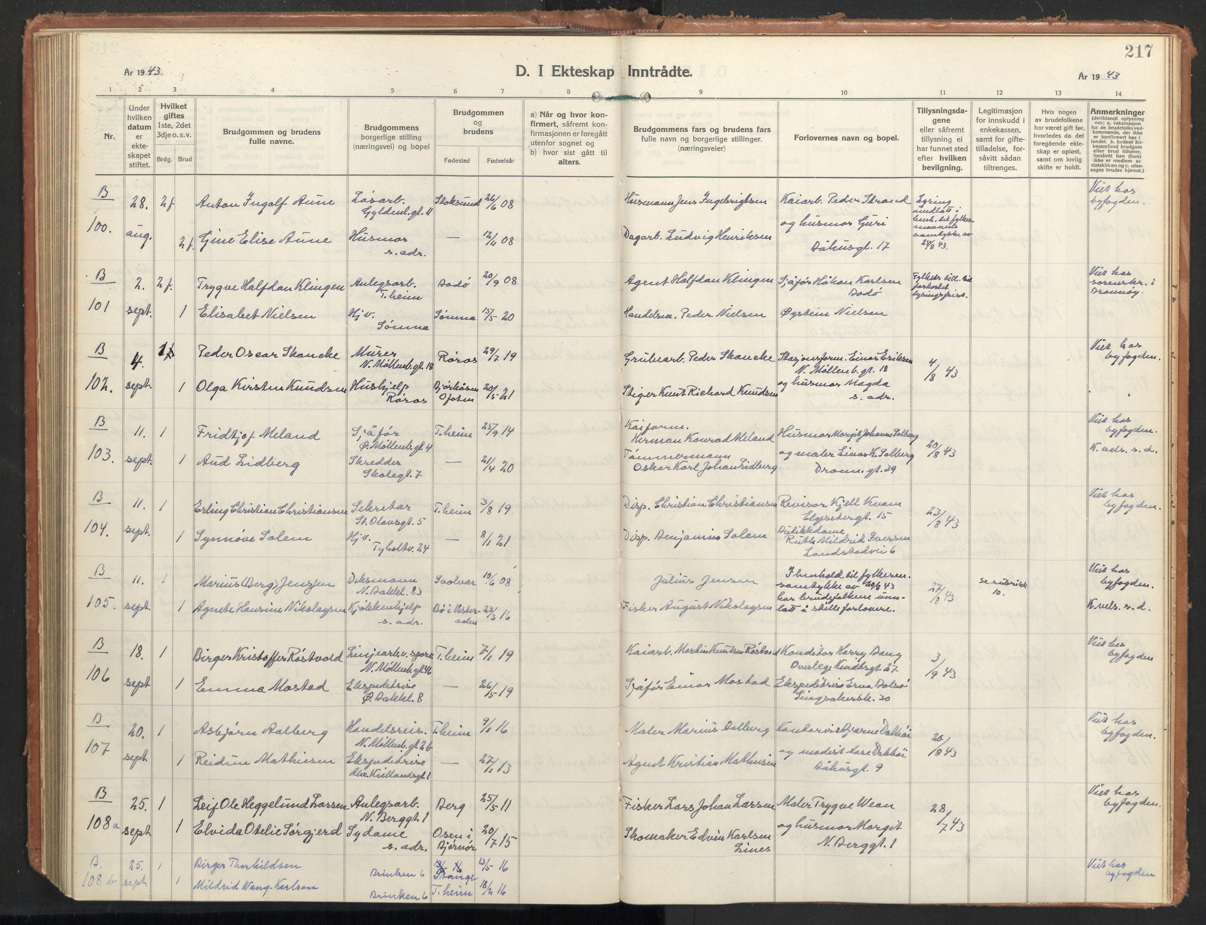 Ministerialprotokoller, klokkerbøker og fødselsregistre - Sør-Trøndelag, AV/SAT-A-1456/604/L0209: Parish register (official) no. 604A29, 1931-1945, p. 217