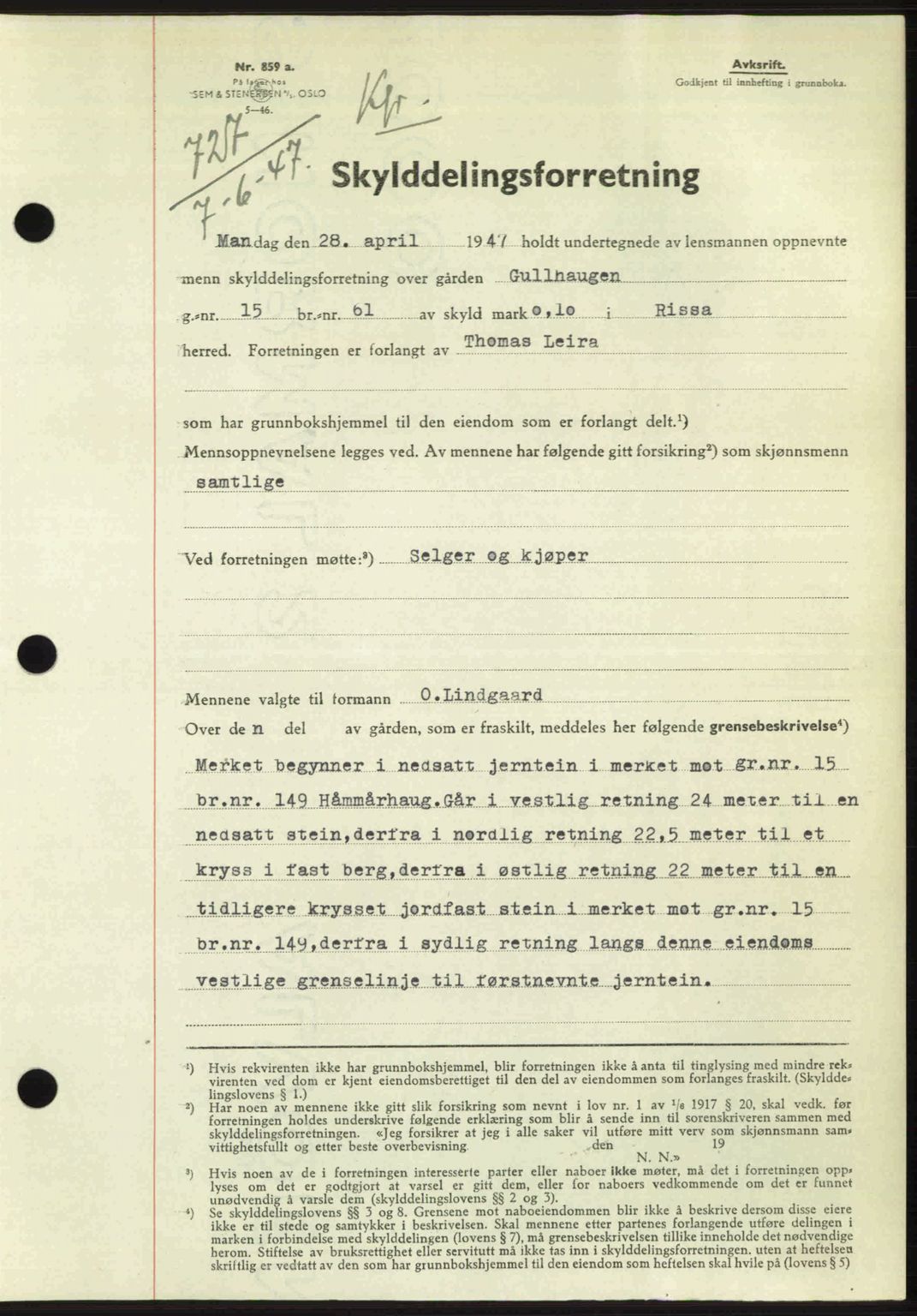 Fosen sorenskriveri, AV/SAT-A-1107/1/2/2C: Mortgage book no. A4-6, 1946-1947, Diary no: : 727/1947