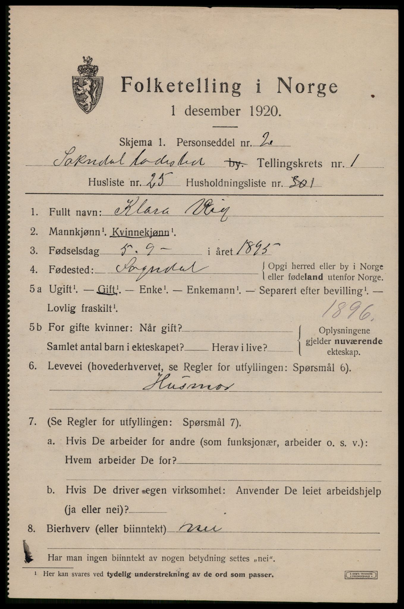 SAST, 1920 census for Sokndal town, 1920, p. 629