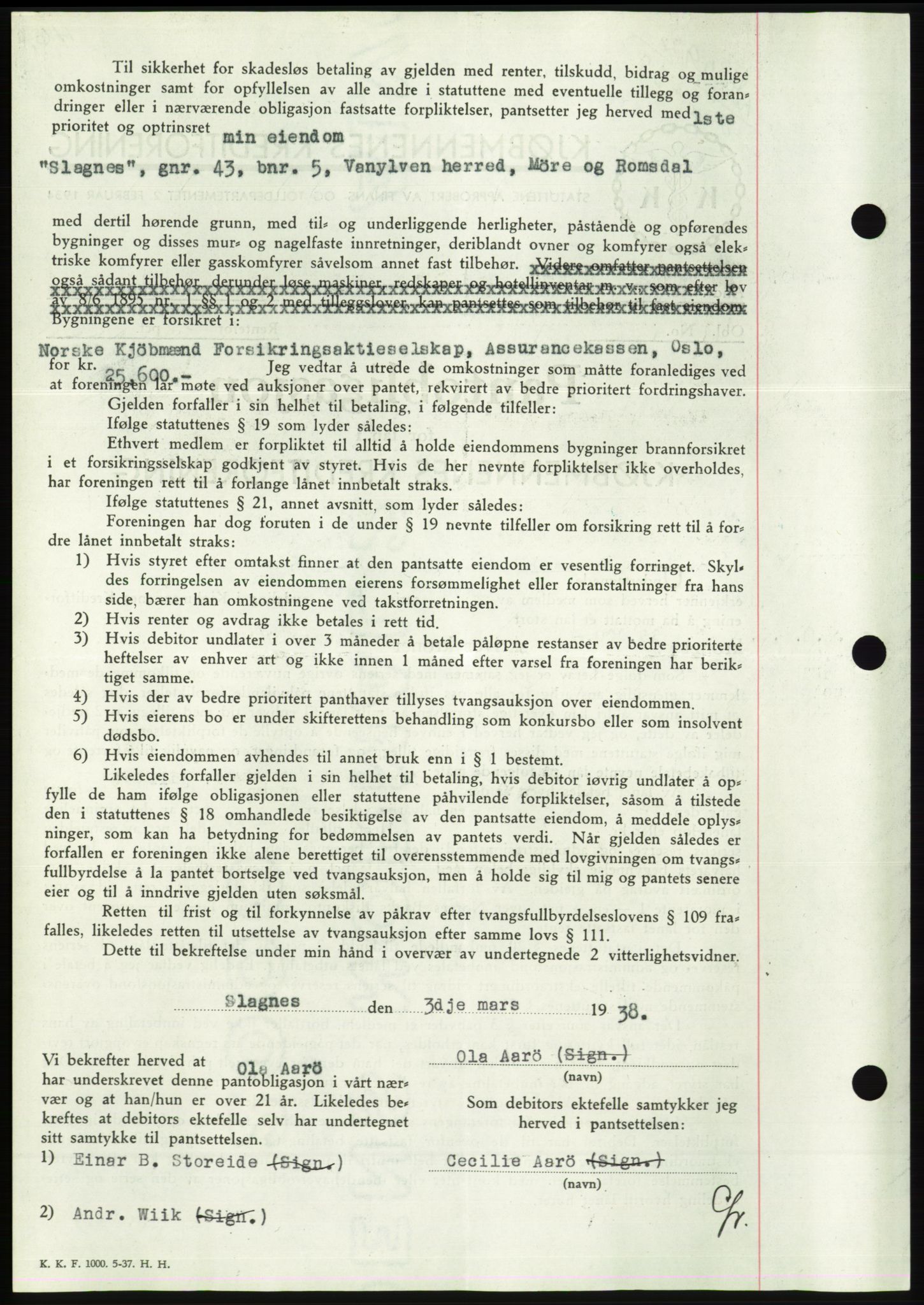 Søre Sunnmøre sorenskriveri, AV/SAT-A-4122/1/2/2C/L0065: Mortgage book no. 59, 1938-1938, Diary no: : 292/1938