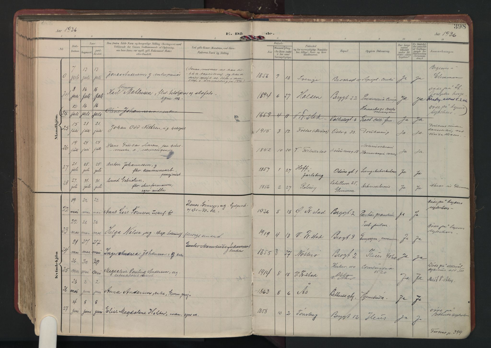 Fredrikstad domkirkes prestekontor Kirkebøker, SAO/A-10906/F/Fa/L0008: Parish register (official) no. I 8, 1902-1936, p. 398