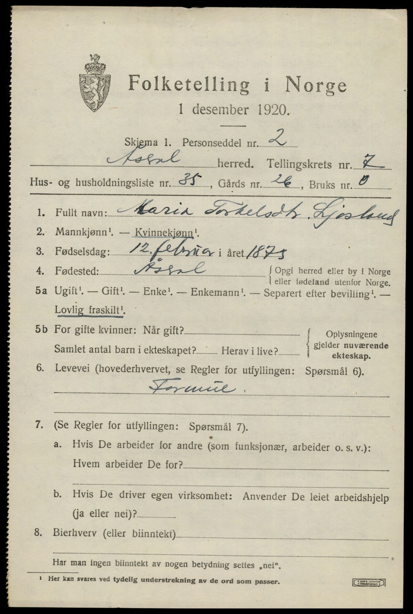 SAK, 1920 census for Åseral, 1920, p. 2438