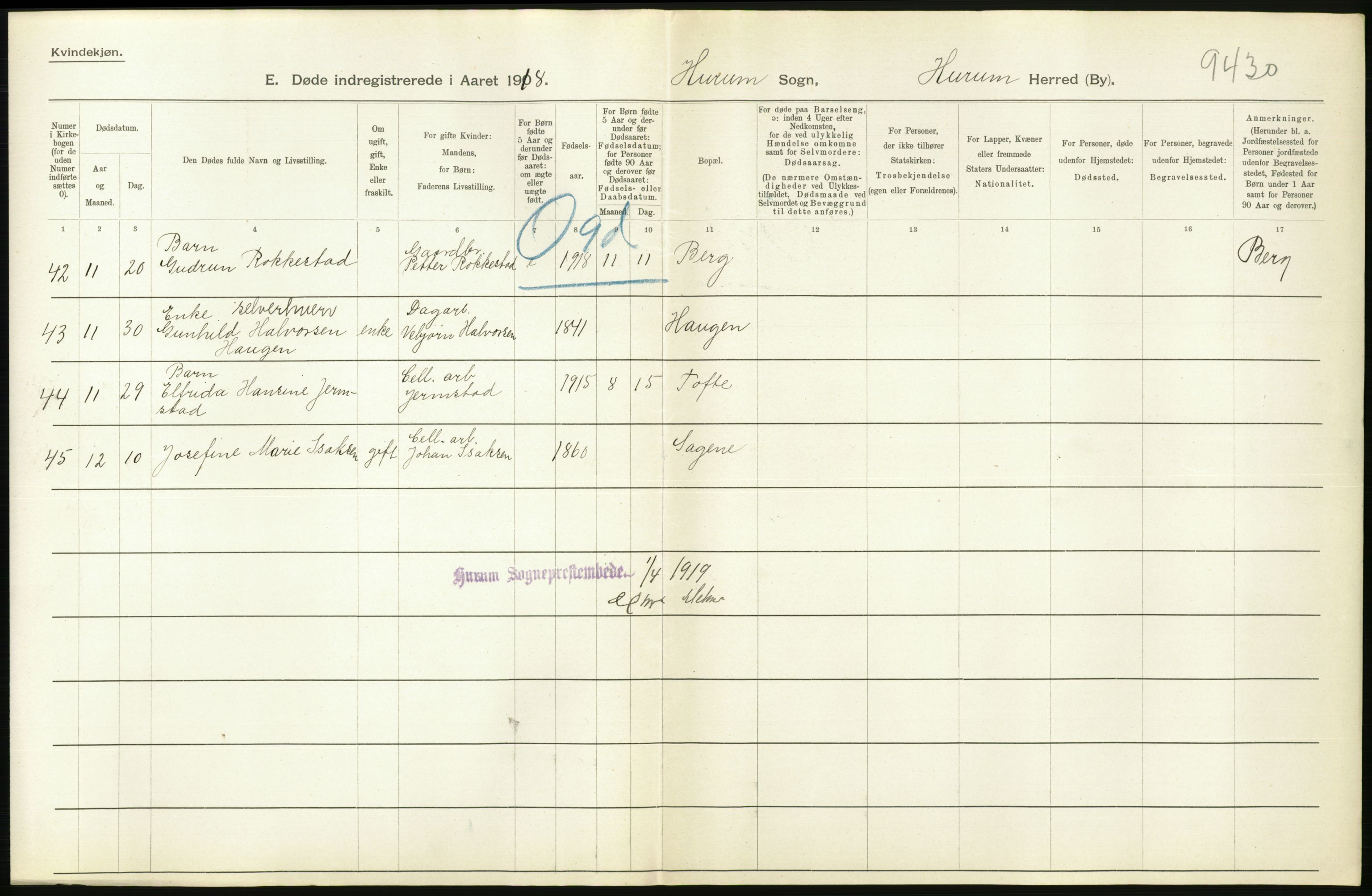 Statistisk sentralbyrå, Sosiodemografiske emner, Befolkning, AV/RA-S-2228/D/Df/Dfb/Dfbh/L0020: Buskerud fylke: Døde. Bygder og byer., 1918, p. 396