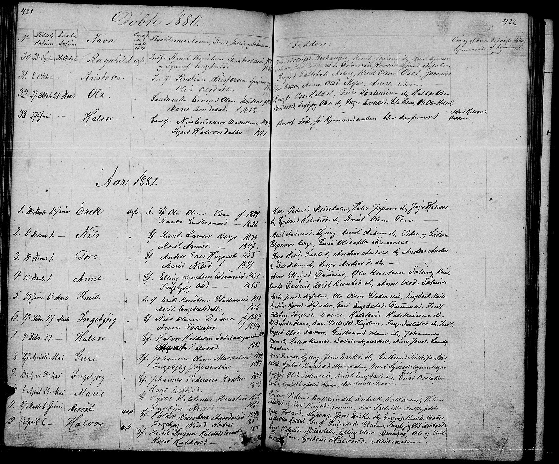 Nord-Aurdal prestekontor, SAH/PREST-132/H/Ha/Hab/L0001: Parish register (copy) no. 1, 1834-1887, p. 421-422