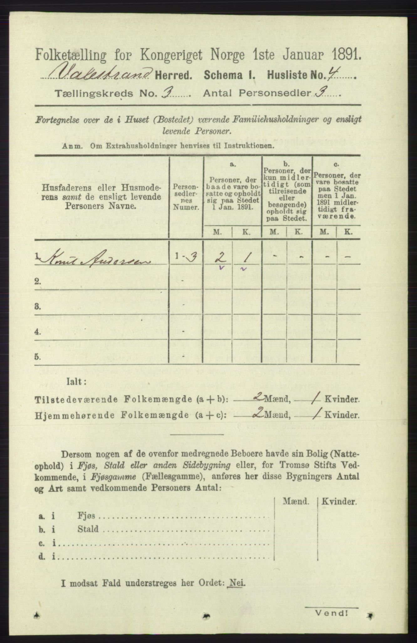 RA, 1891 census for 1217 Valestrand, 1891, p. 493